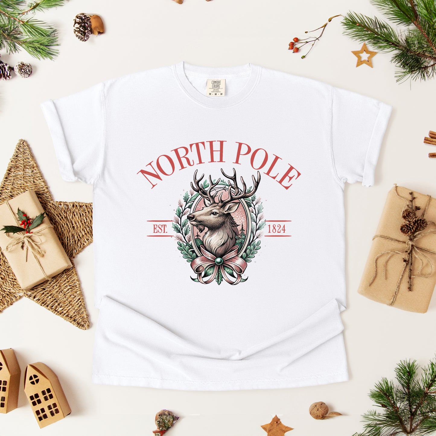North Pole Reindeer Oval Wreath | Garment Dyed Tee