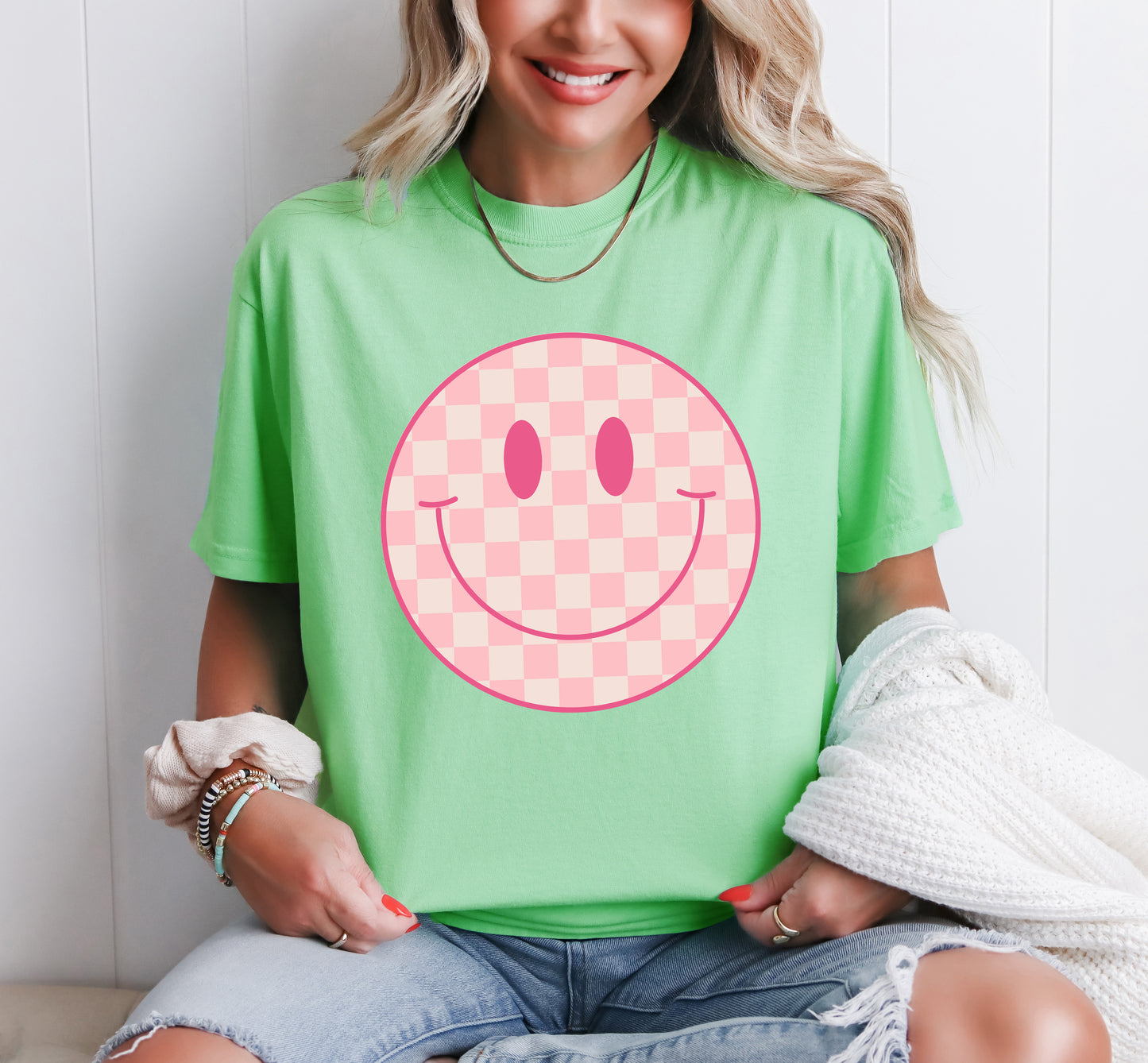 Pink Checker Smiley Face | Garment Dyed Tee