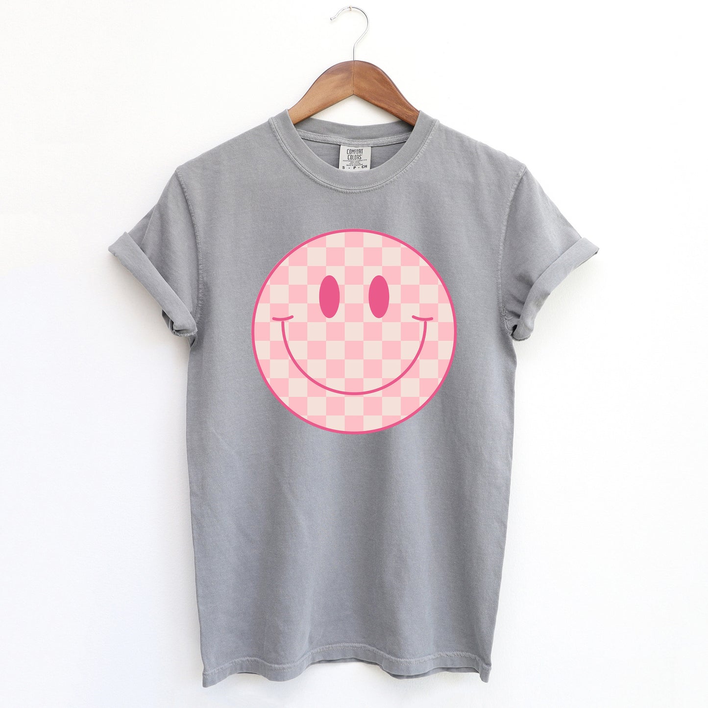 Pink Checker Smiley Face | Garment Dyed Tee