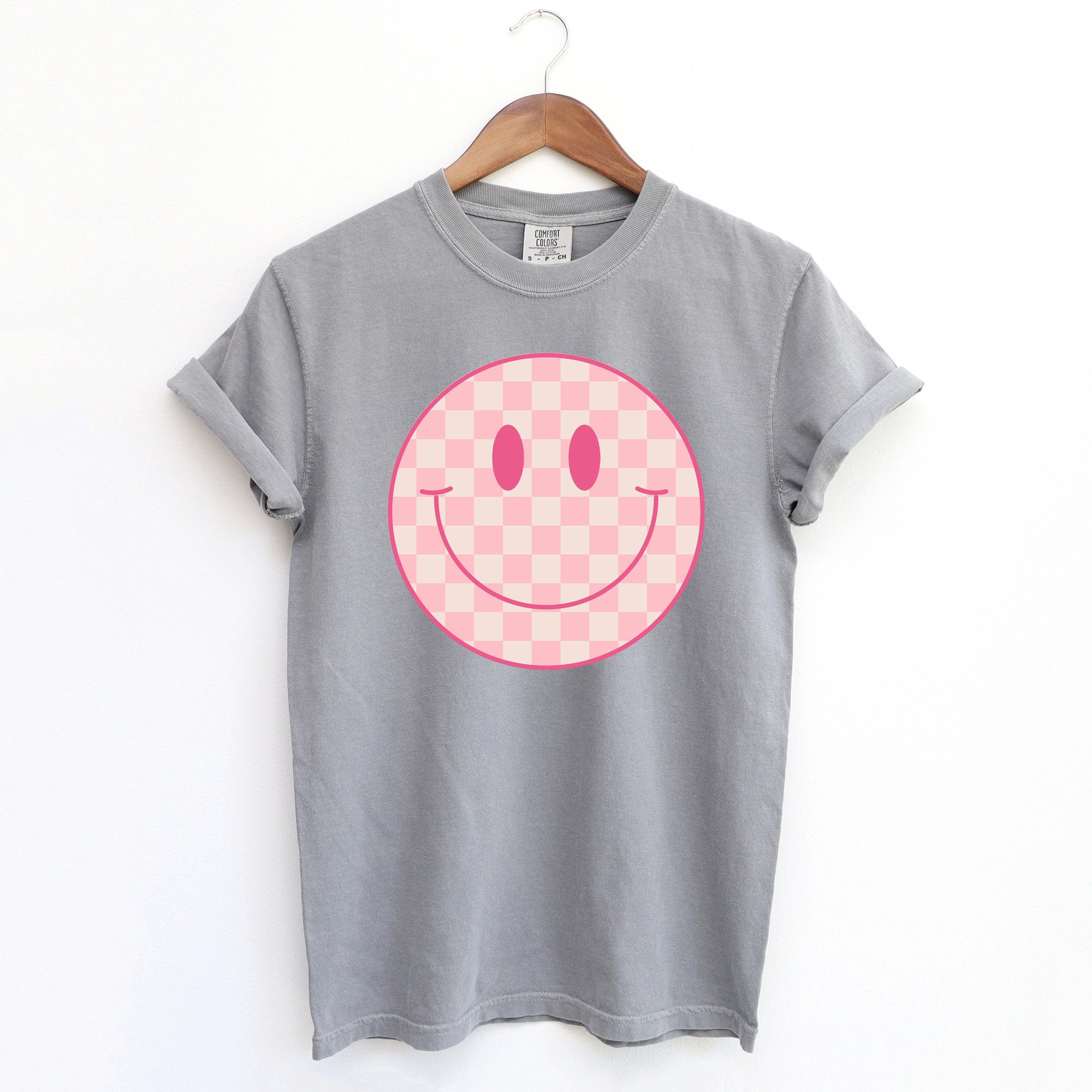 Pink Checker Smiley Face | Garment Dyed Tee