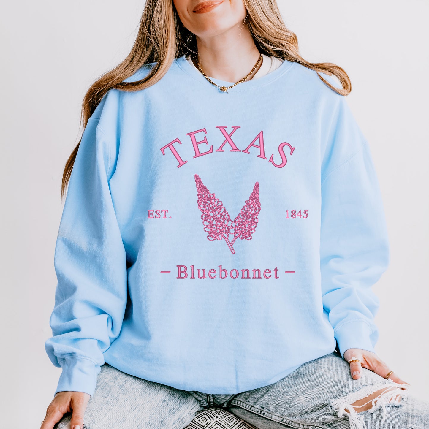 Embroidered Texas Bluebonnet Flower | Lightweight Garment Dyed Sweatshirt