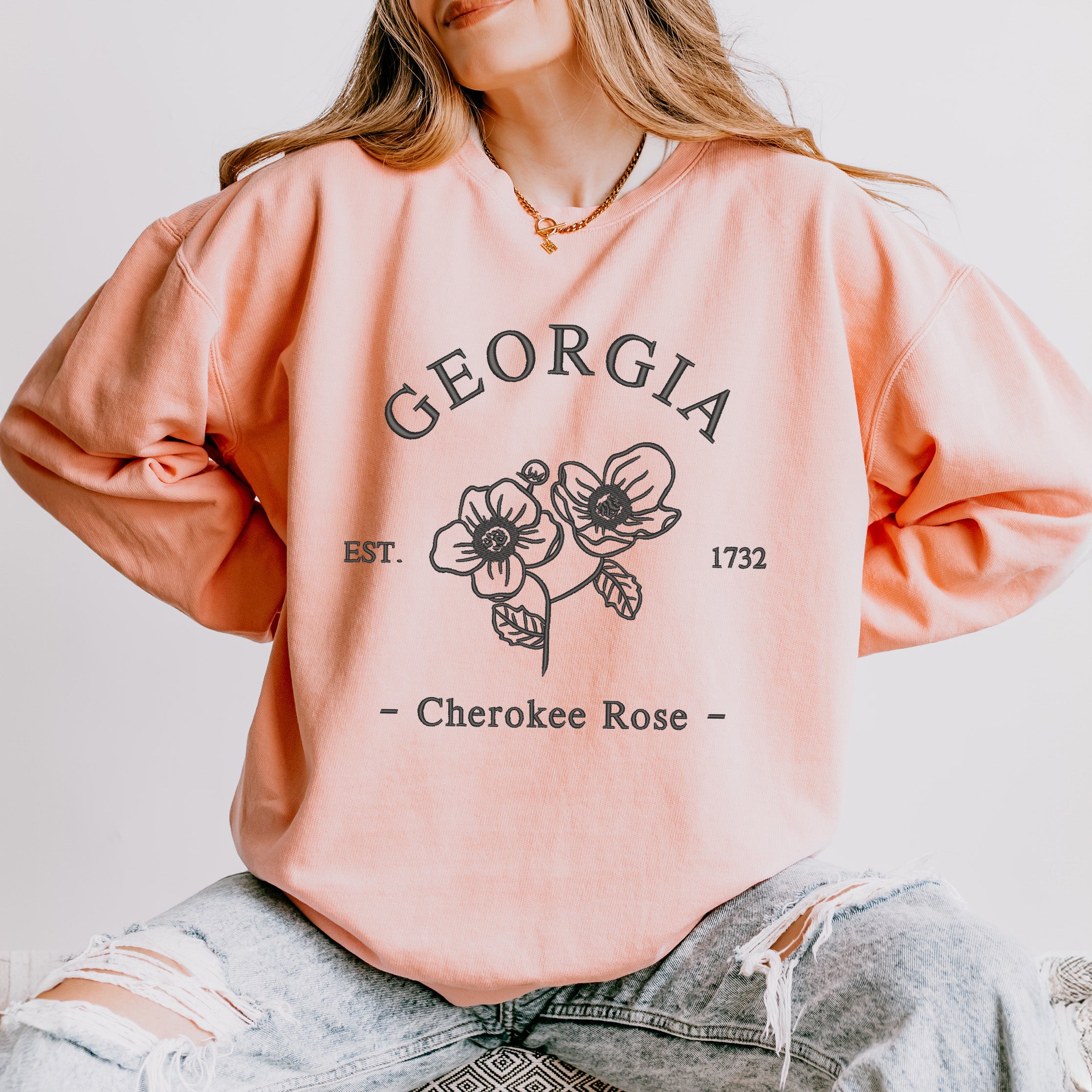 Embroidered Georgia Cherokee Flower | Lightweight Garment Dyed Sweatshirt