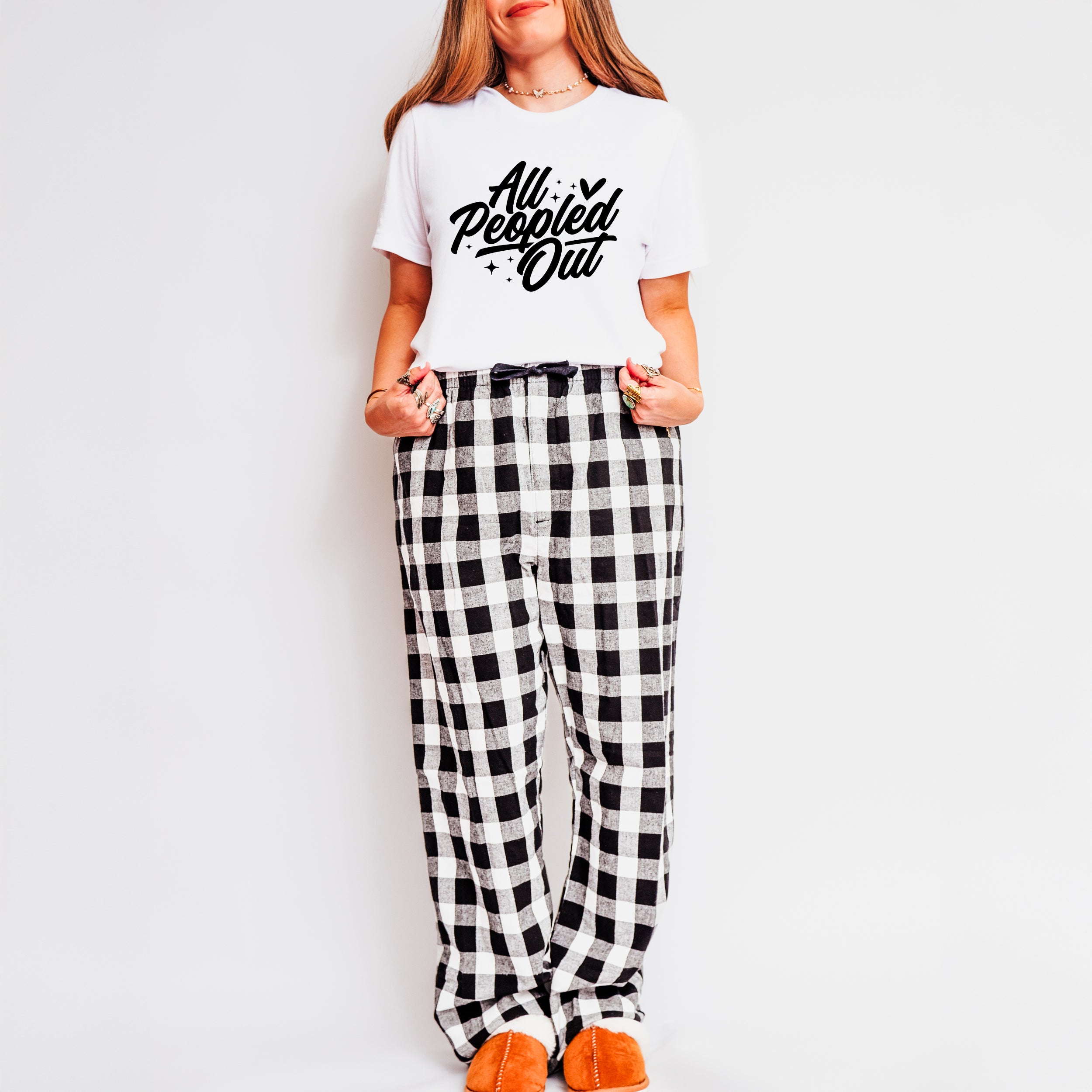 All Peopled Out Cursive | Plaid Pajama Short Sleeve Set