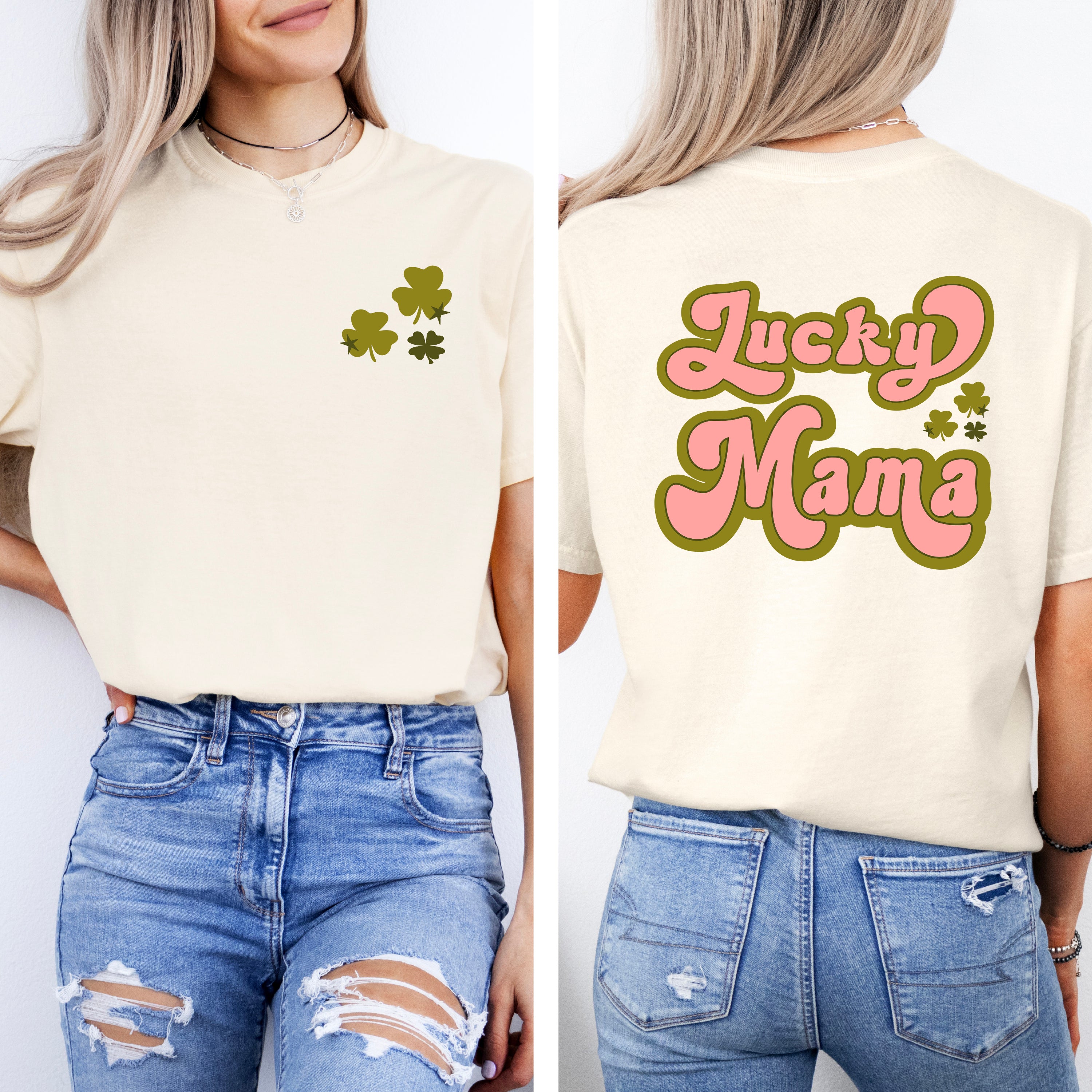 Lucky Mama Retro Clovers | Front and Back Garment Dyed Short Sleeve Tee