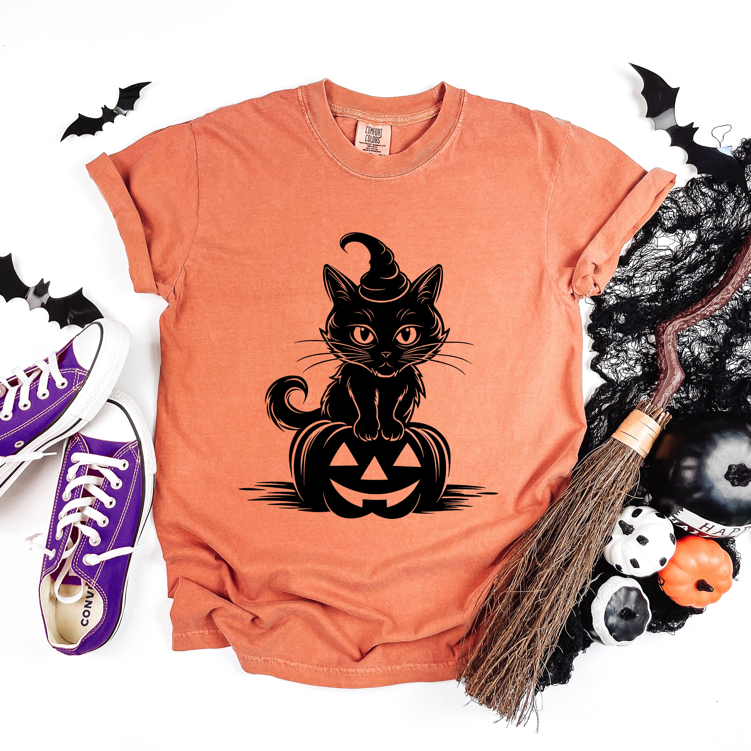 Cat Perched On A Pumpkin | Garment Dyed Tee