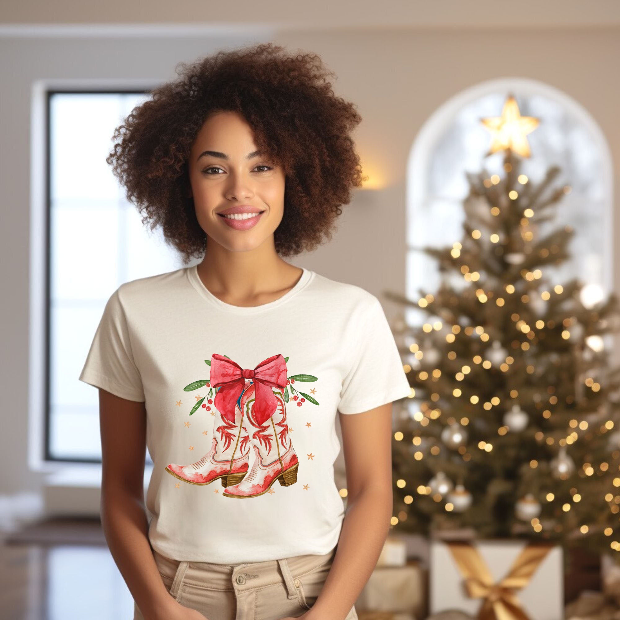 Coquette Cowgirl Christmas Boots | Short Sleeve Crew Neck