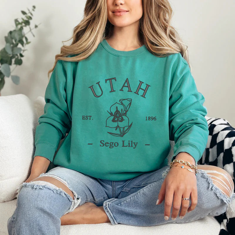 Embroidered Utah Sego Flower| Lightweight Garment Dyed Sweatshirt