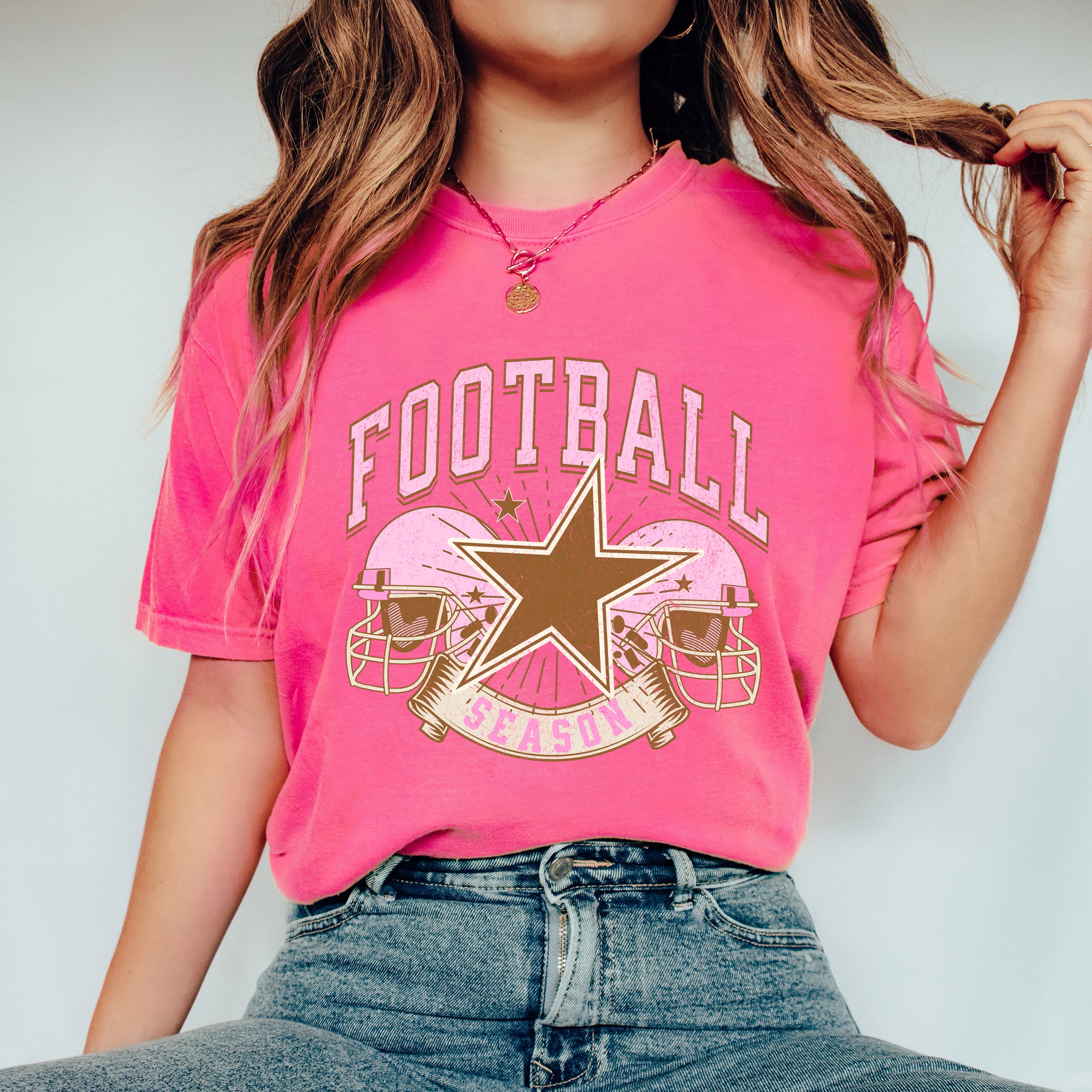 Football Season Pink Helmet | Garment Dyed Tee