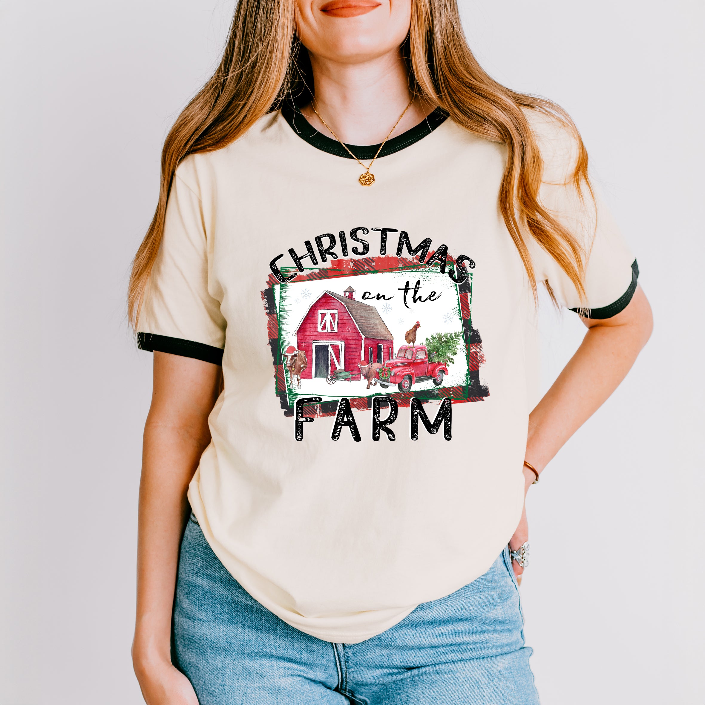 Christmas On The Farm Barn | Ringer Tee