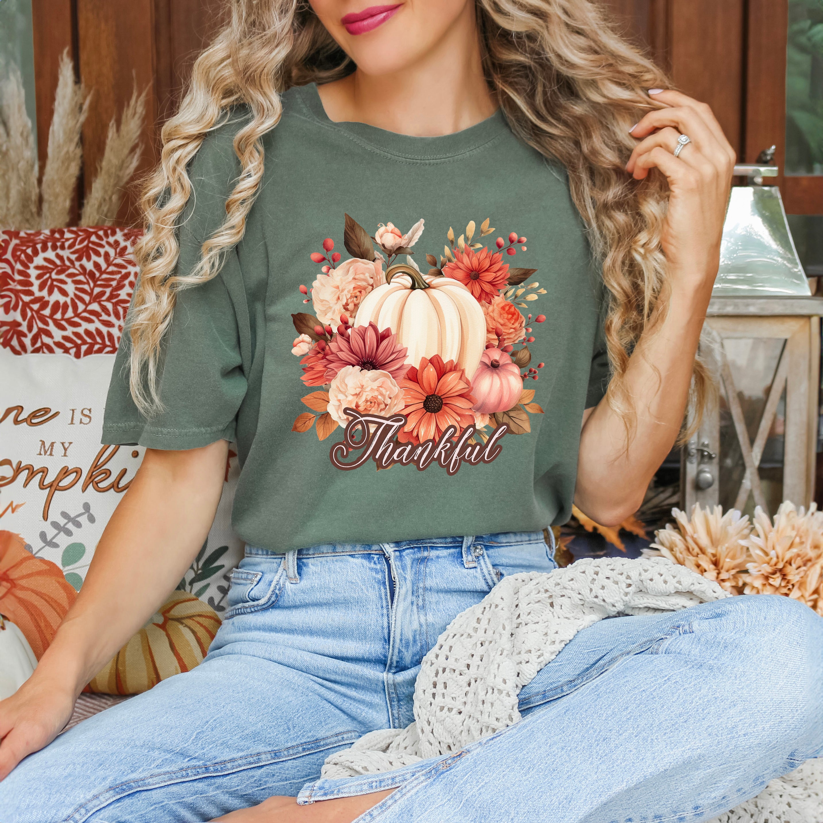Thankful Pumpkin Floral | Garment Dyed Tee