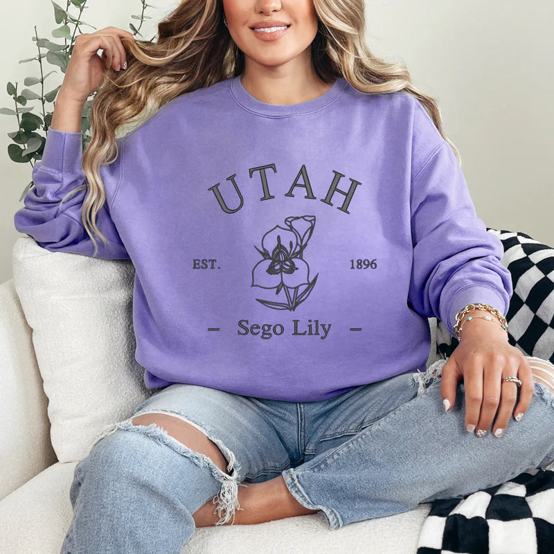 Embroidered Utah Sego Flower| Lightweight Garment Dyed Sweatshirt