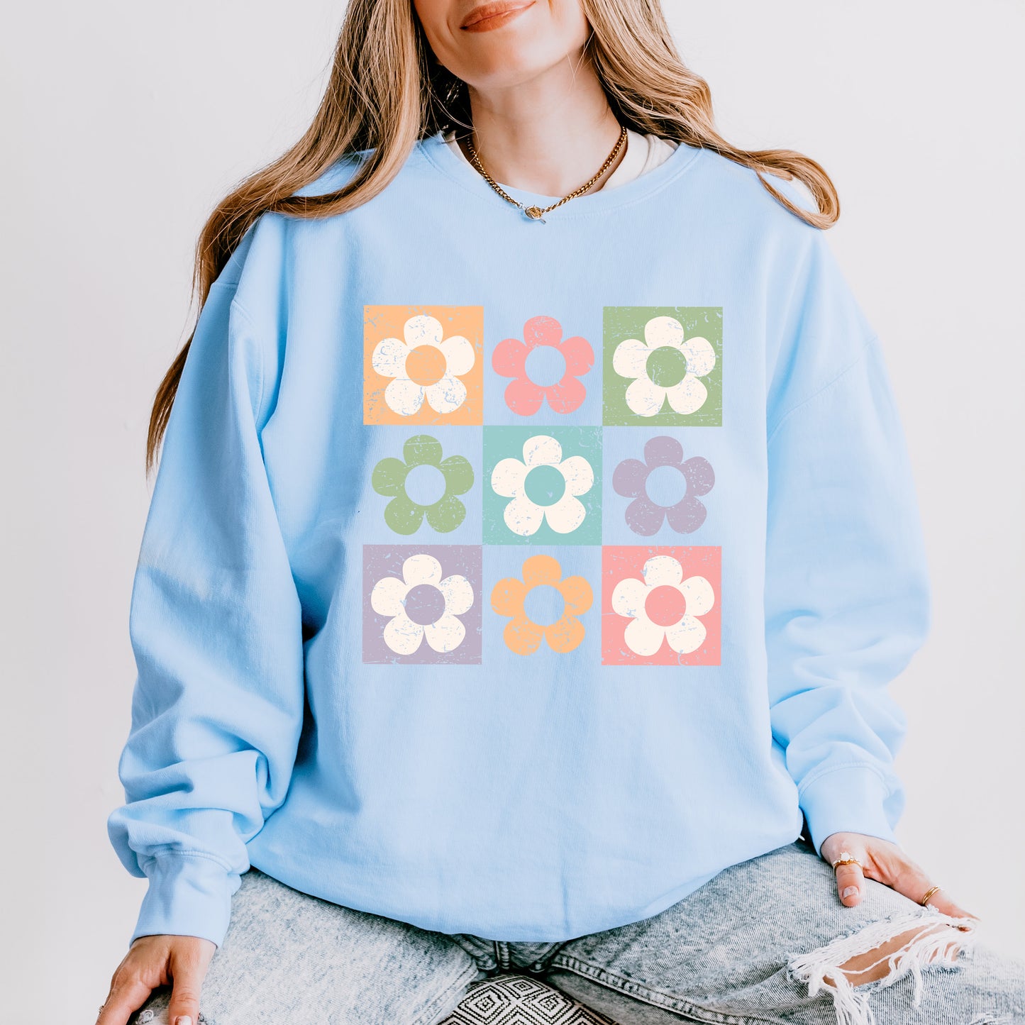 Checkered Flowers | Lightweight Garment Dyed Sweatshirt