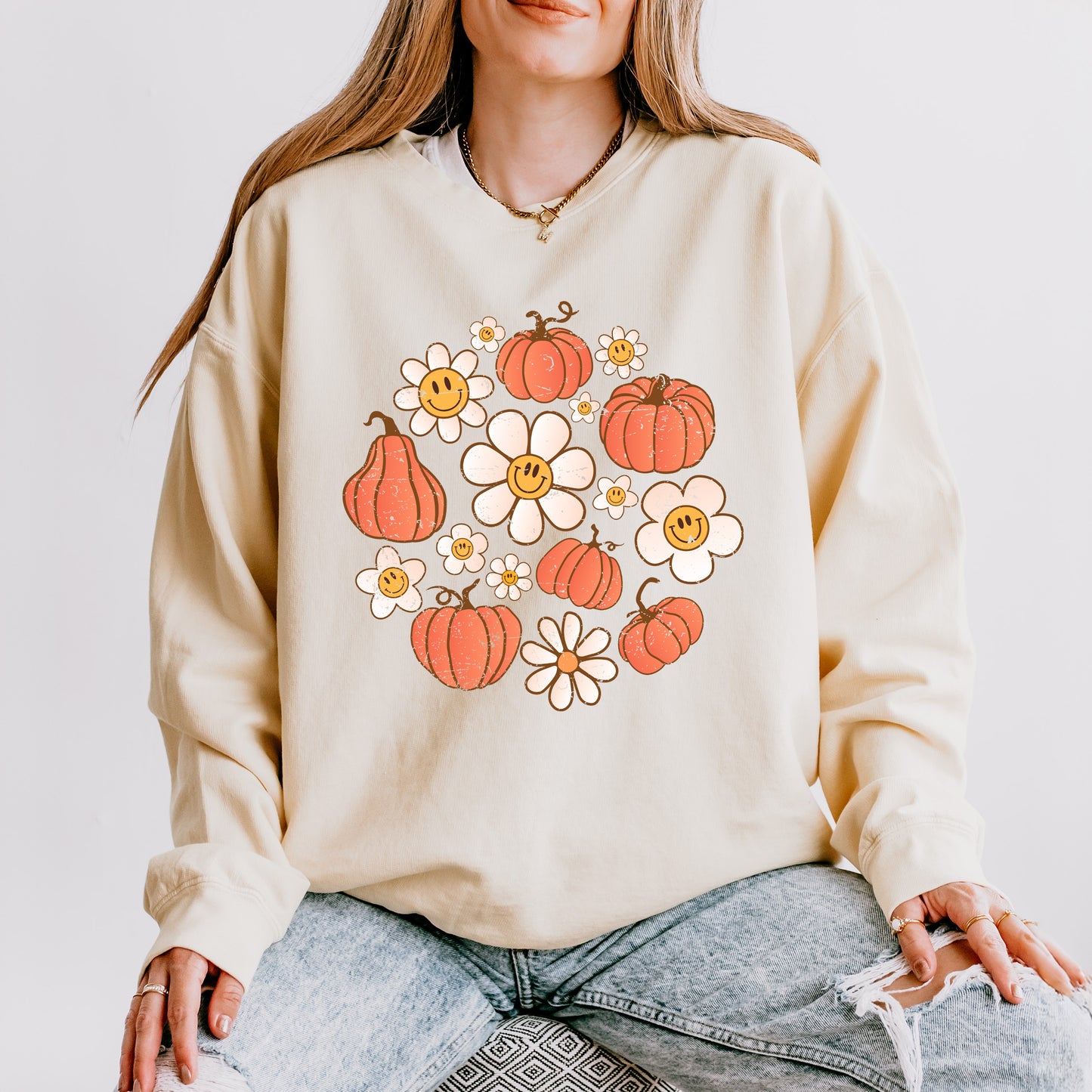 Circle Pumpkin Flowers | Lightweight Garment Dyed Sweatshirt