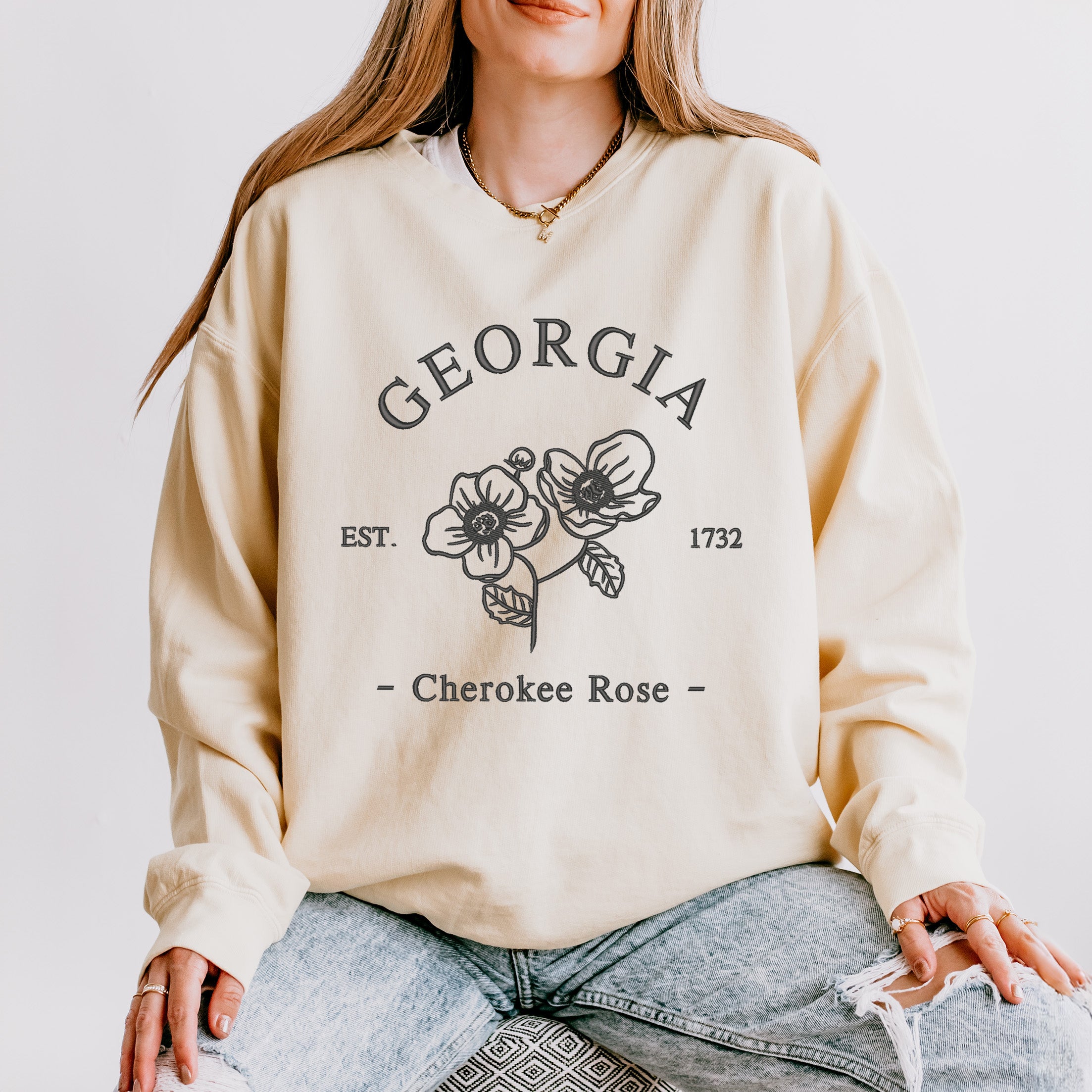 Embroidered Georgia Cherokee Flower | Lightweight Garment Dyed Sweatshirt