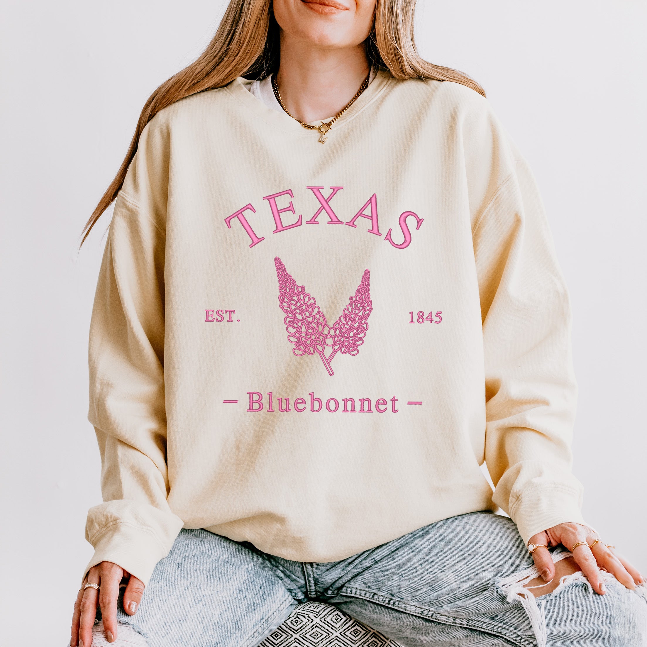 Embroidered Texas Bluebonnet Flower | Lightweight Garment Dyed Sweatshirt