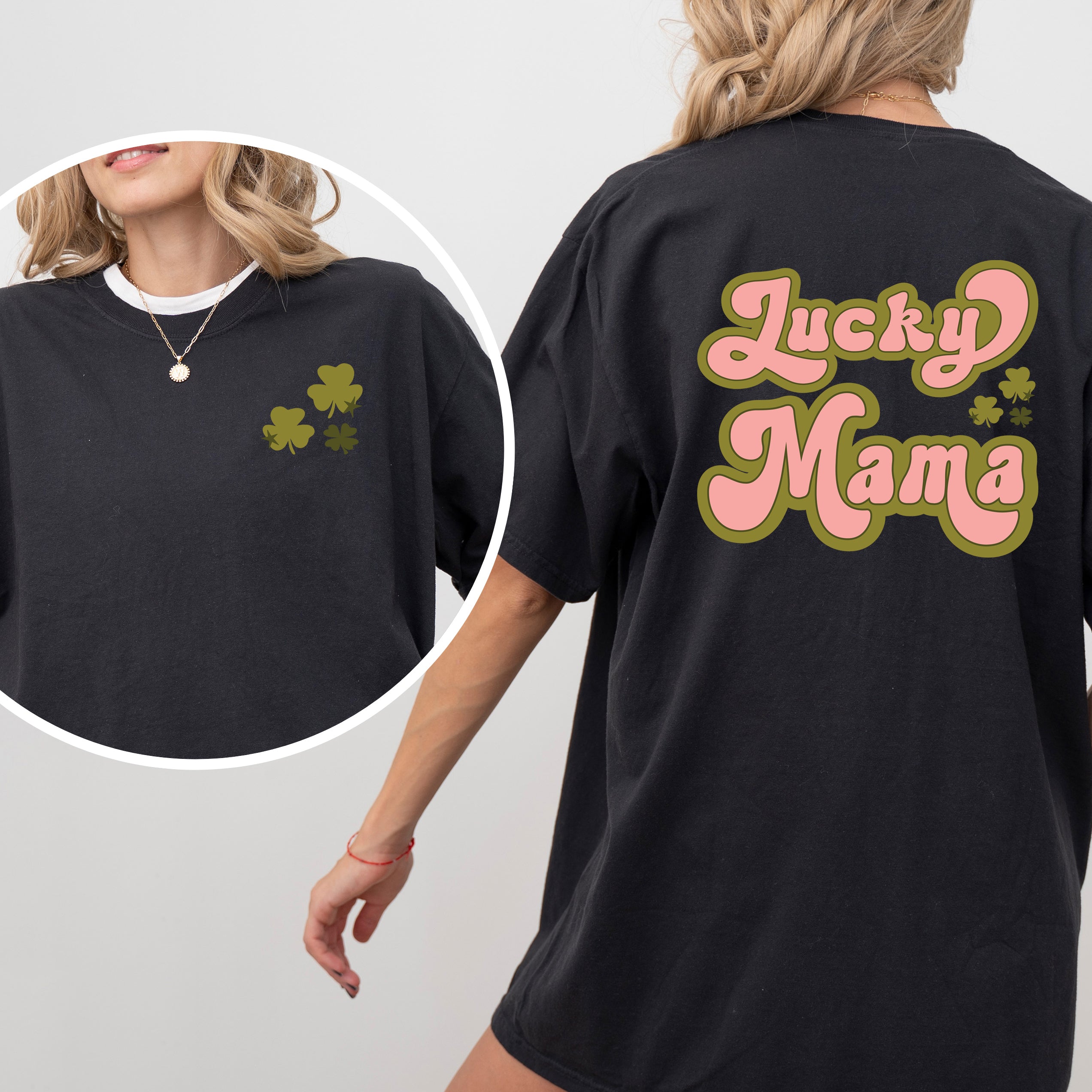 Lucky Mama Retro Clovers | Front and Back Garment Dyed Short Sleeve Tee