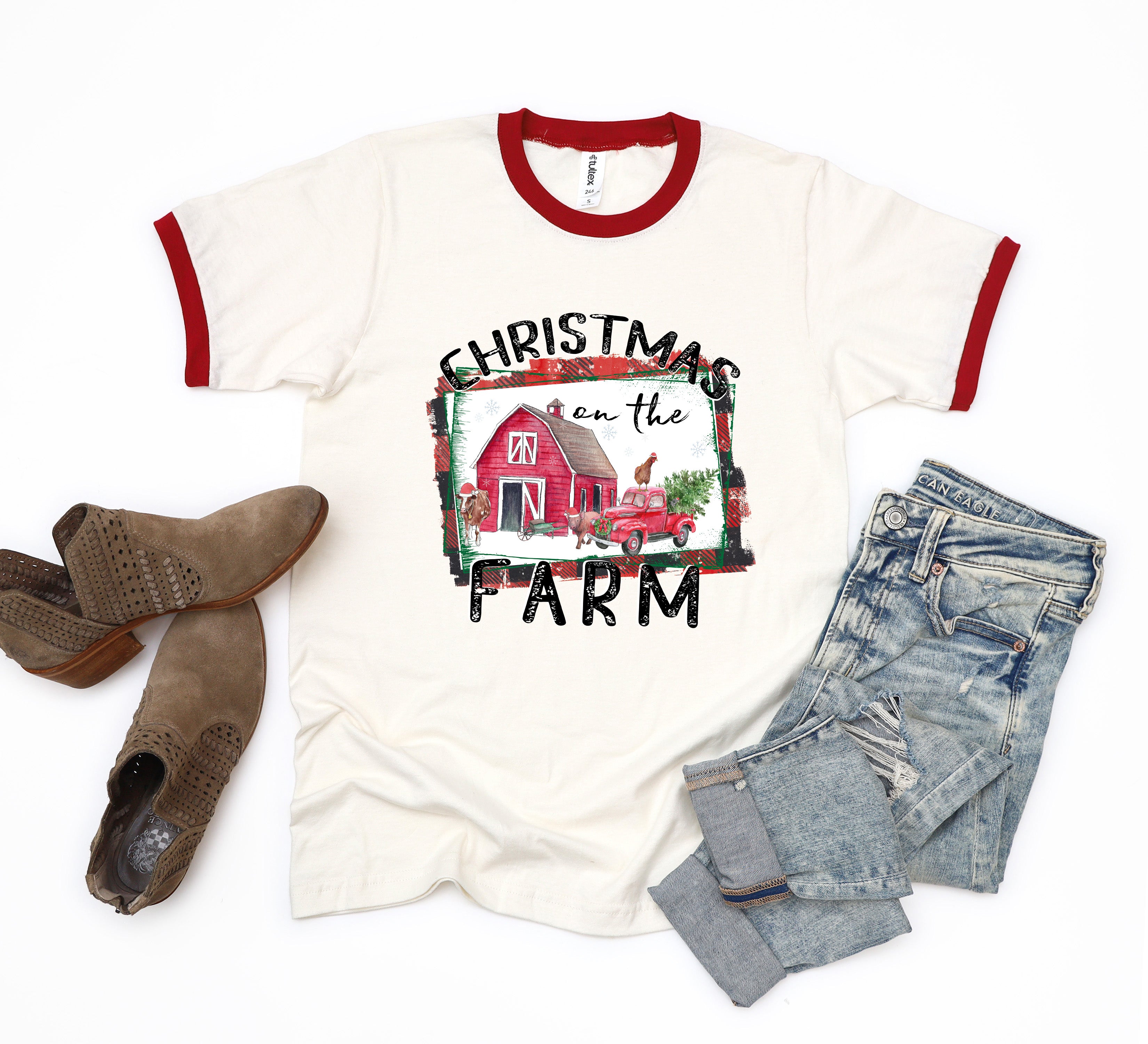 Christmas On The Farm Barn | Ringer Tee