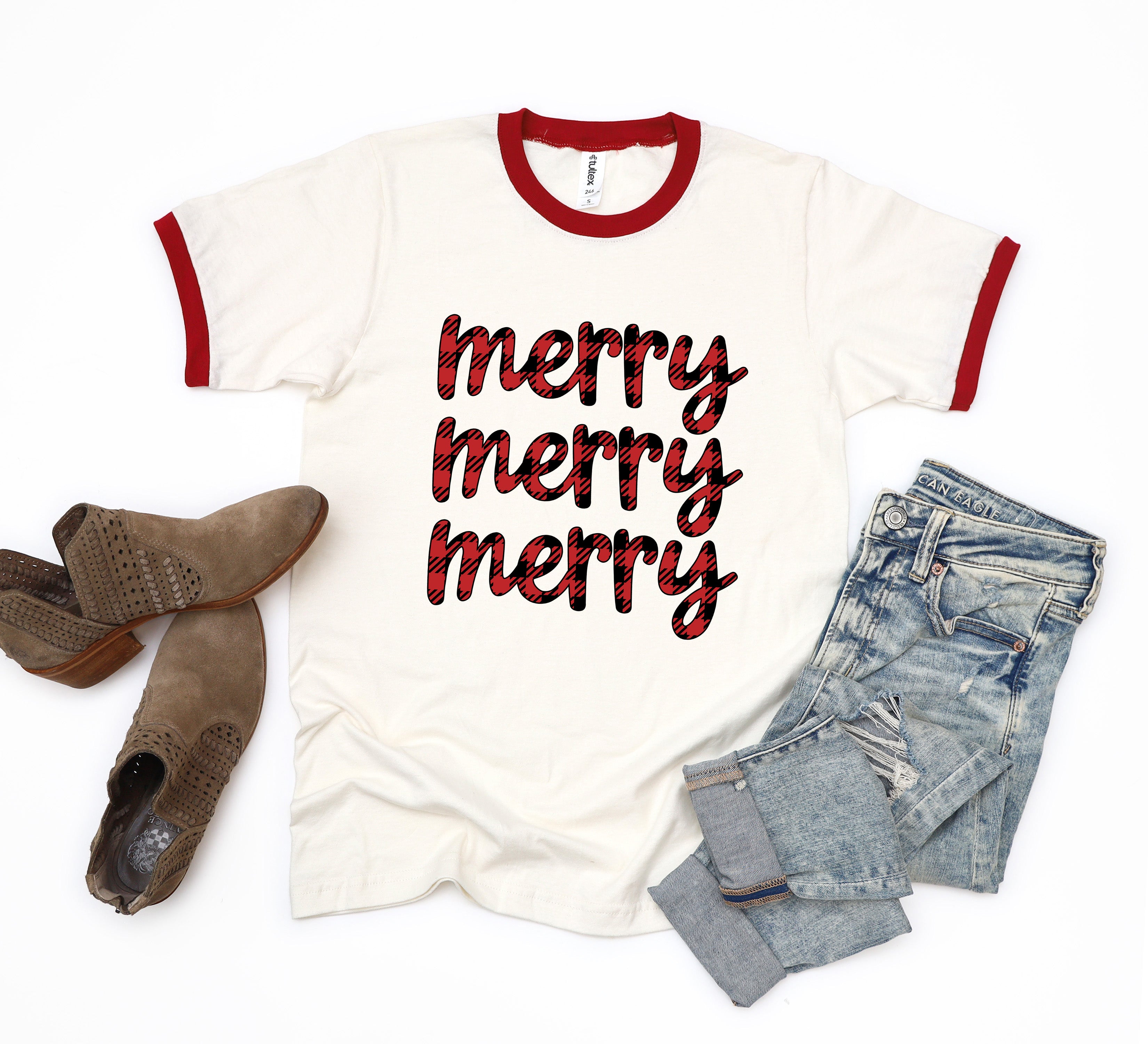 Buffalo Plaid Merry Stacked | Ringer Tee