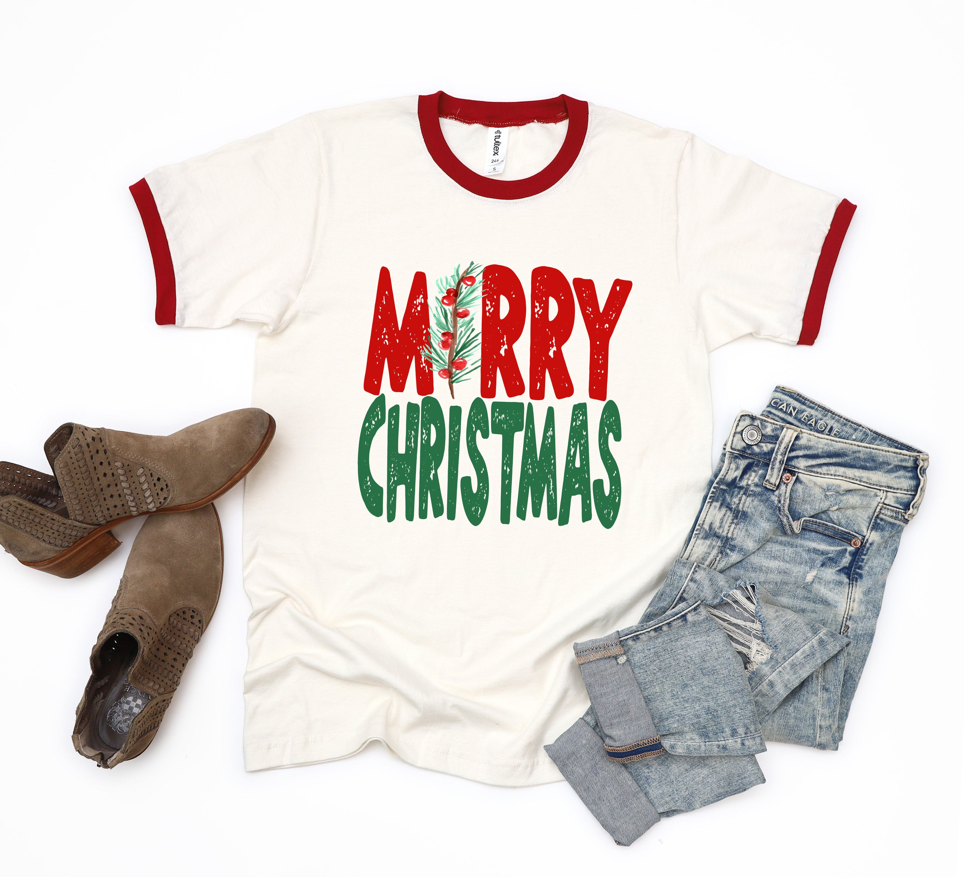 Red And Green Merry Christmas | Ringer Tee