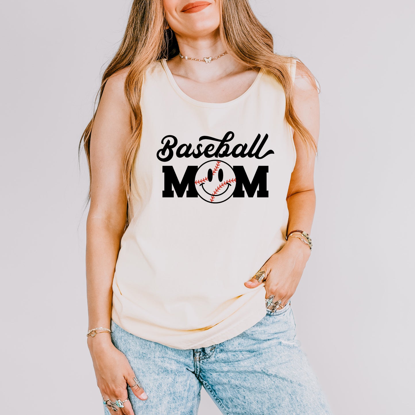 Baseball Mom Smiley Face | Garment Dyed Tank