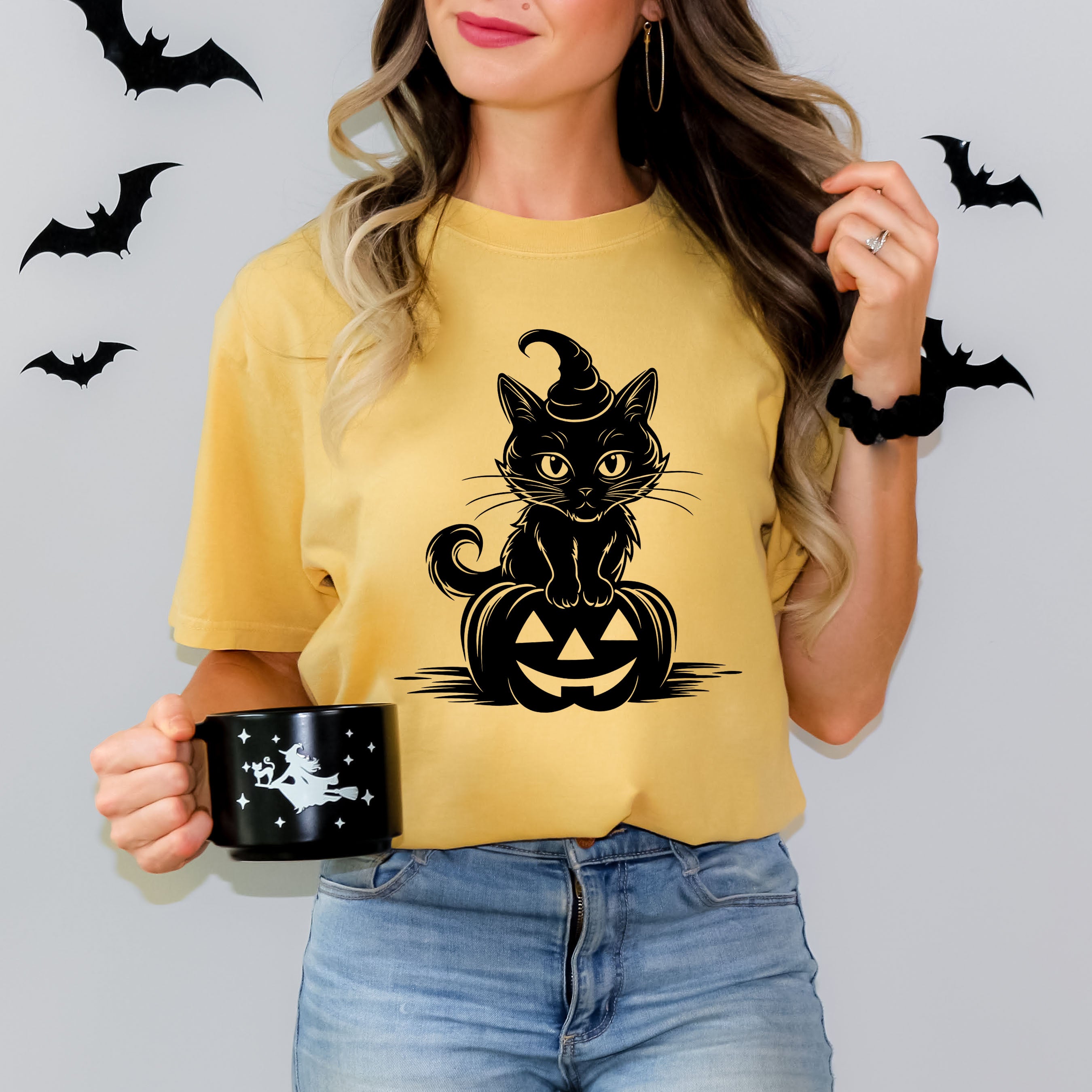 Cat Perched On A Pumpkin | Garment Dyed Tee