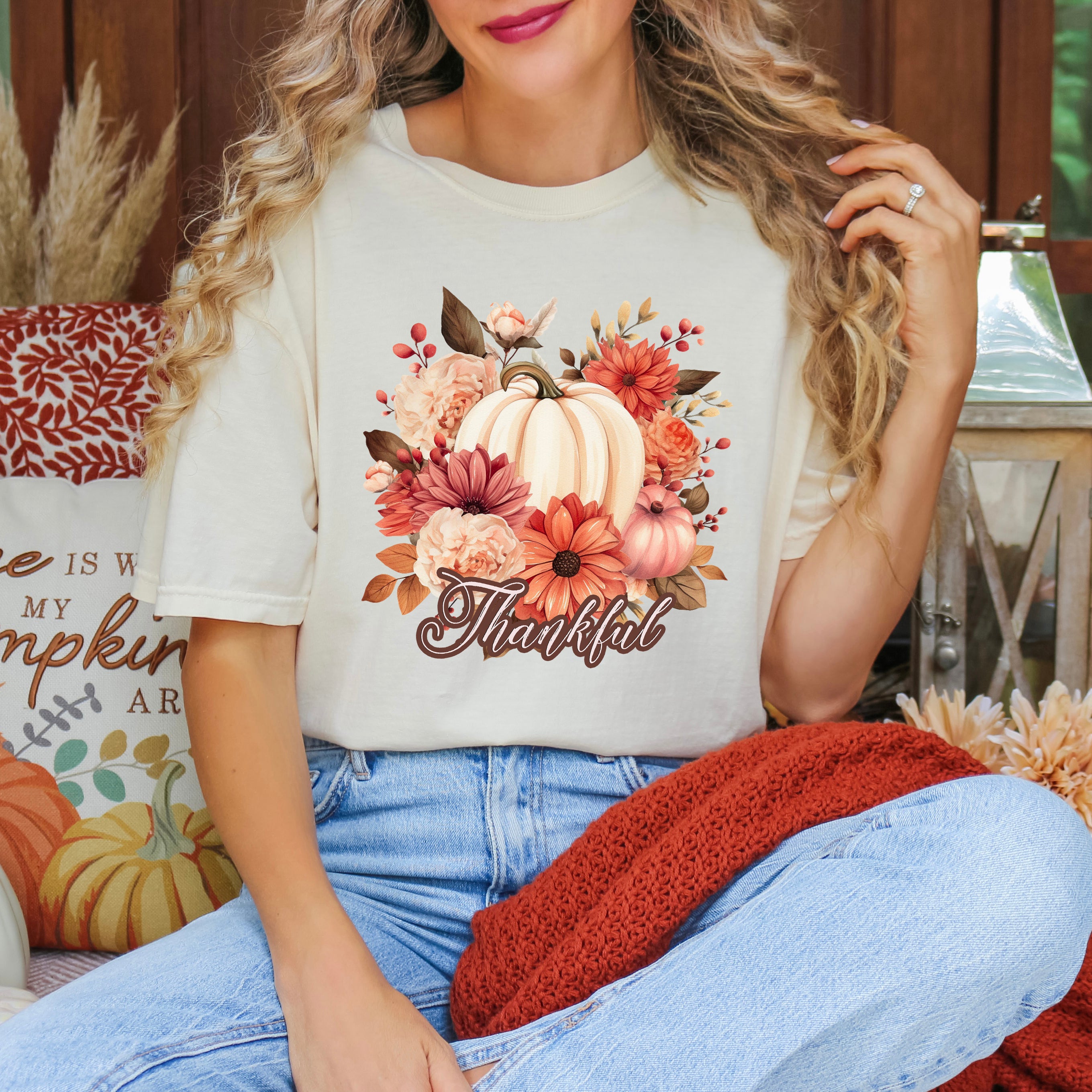 Thankful Pumpkin Floral | Garment Dyed Tee