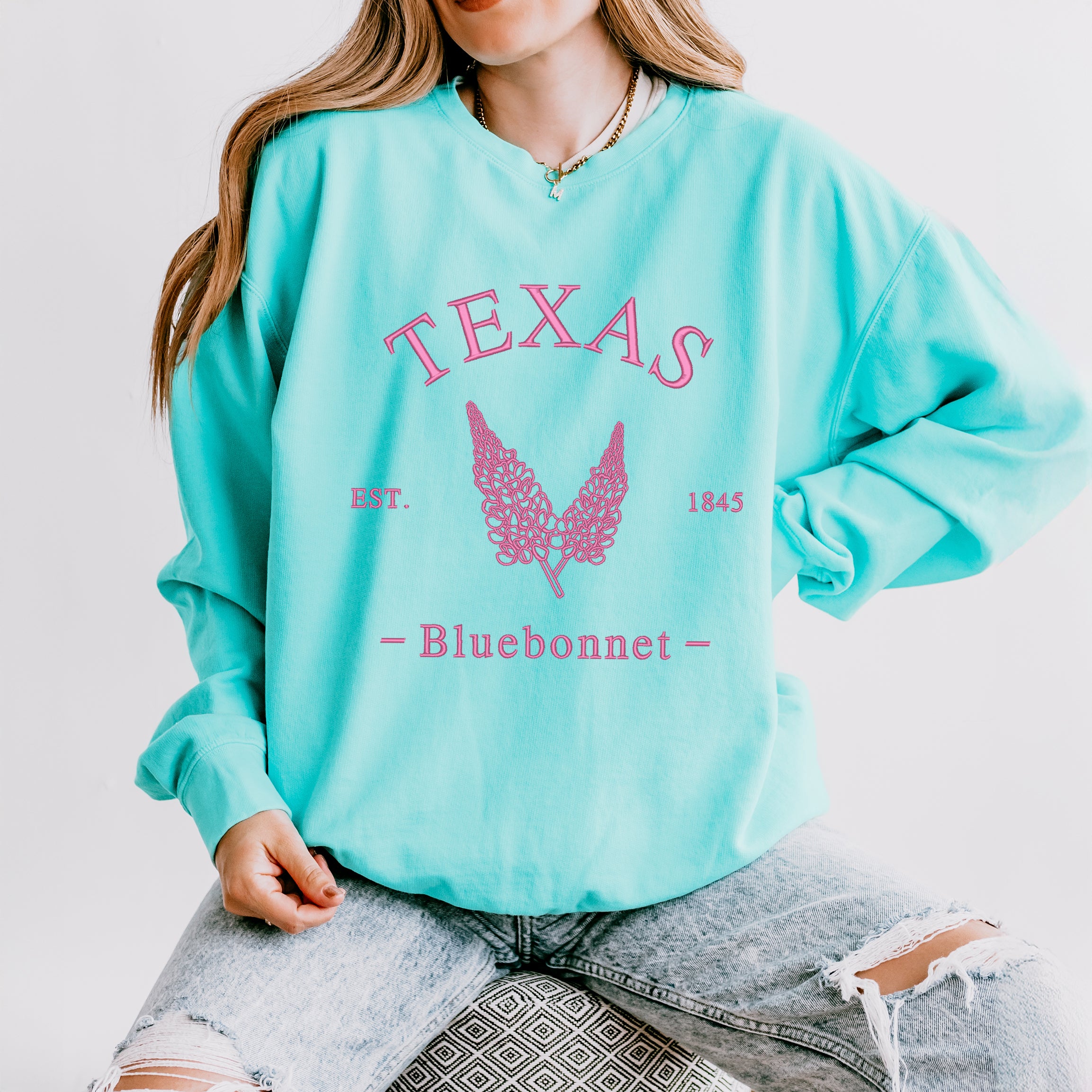 Embroidered Texas Bluebonnet Flower | Lightweight Garment Dyed Sweatshirt