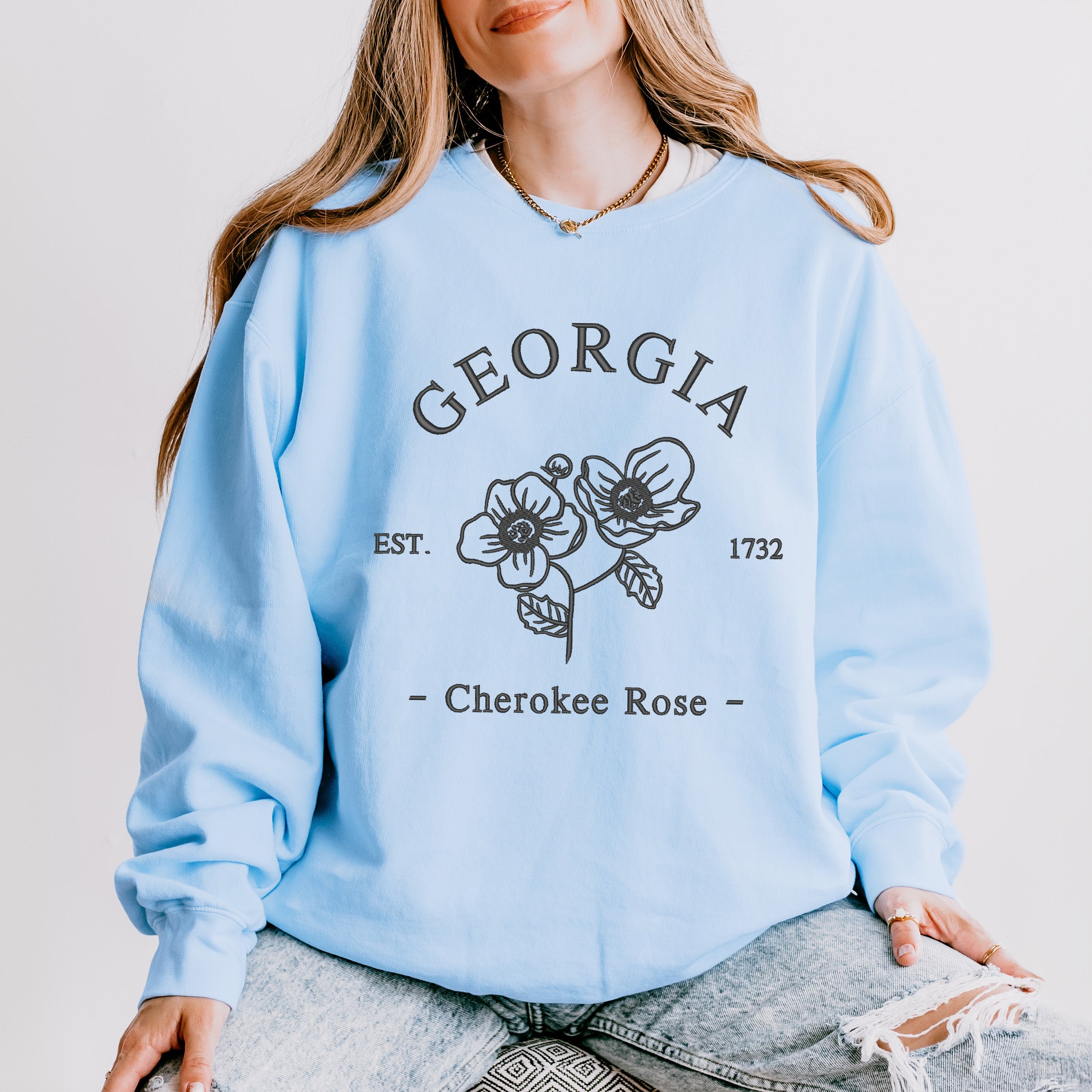 Embroidered Georgia Cherokee Flower | Lightweight Garment Dyed Sweatshirt