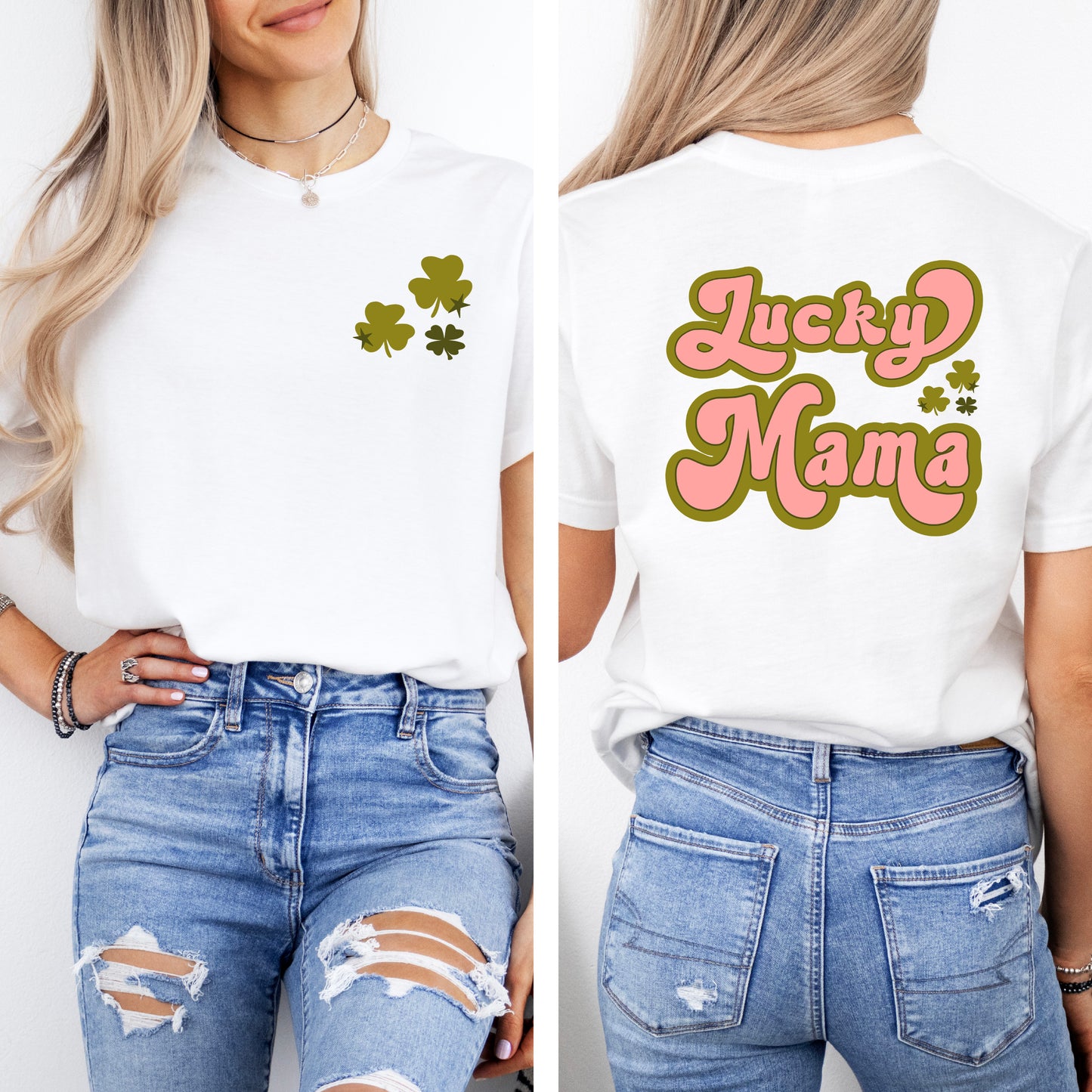 Lucky Mama Retro Clovers | Front and Back Garment Dyed Short Sleeve Tee