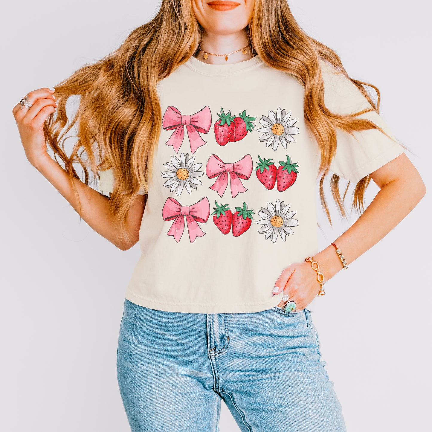 Coquette Strawberry Floral | Relaxed Fit Cropped Tee