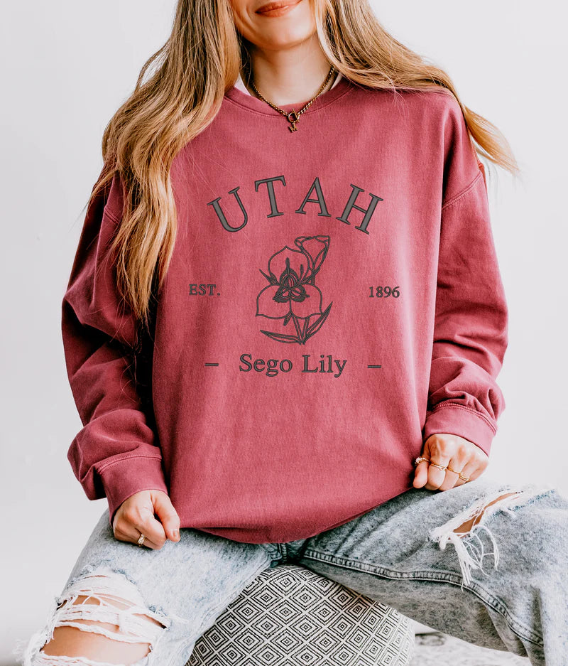 Embroidered Utah Sego Flower| Lightweight Garment Dyed Sweatshirt
