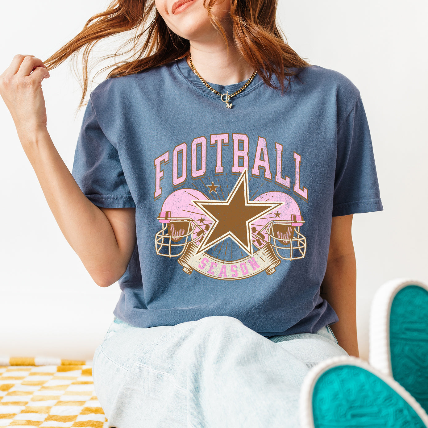 Football Season Pink Helmet | Garment Dyed Tee