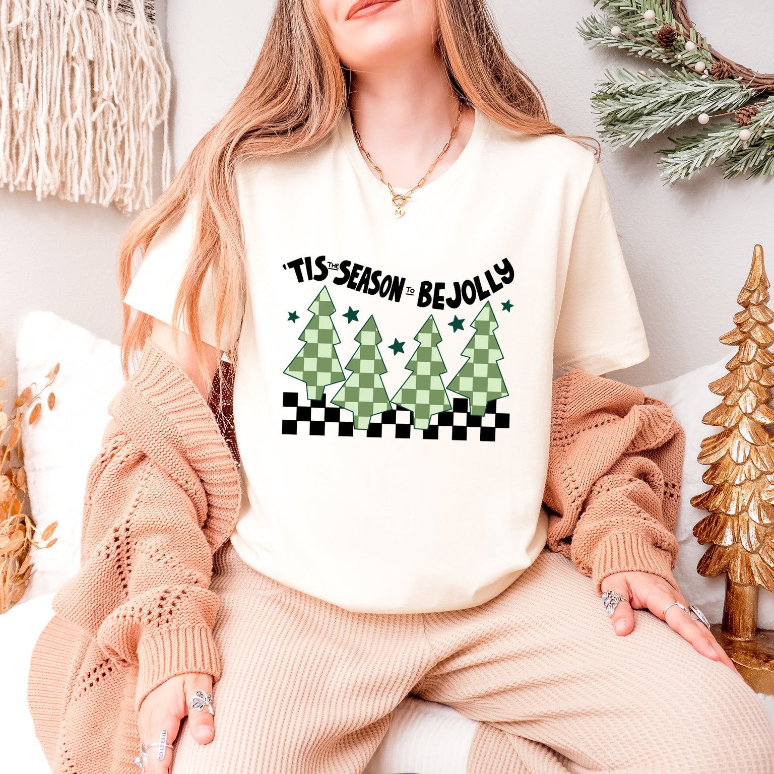 Be Jolly Checkered Tree | Short Sleeve Crew Neck