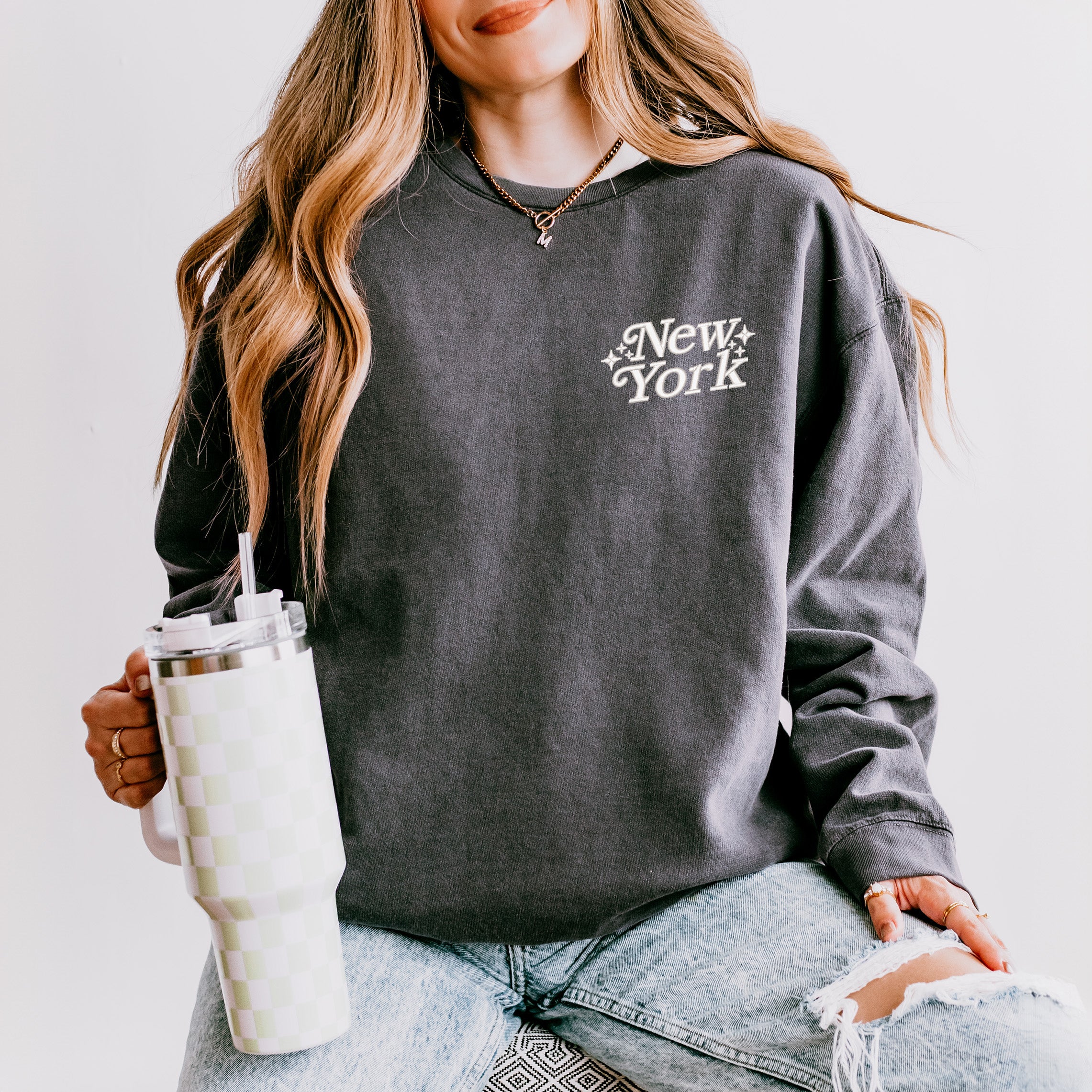 Embroidered New York Stars | Lightweight Garment Dyed Sweatshirt