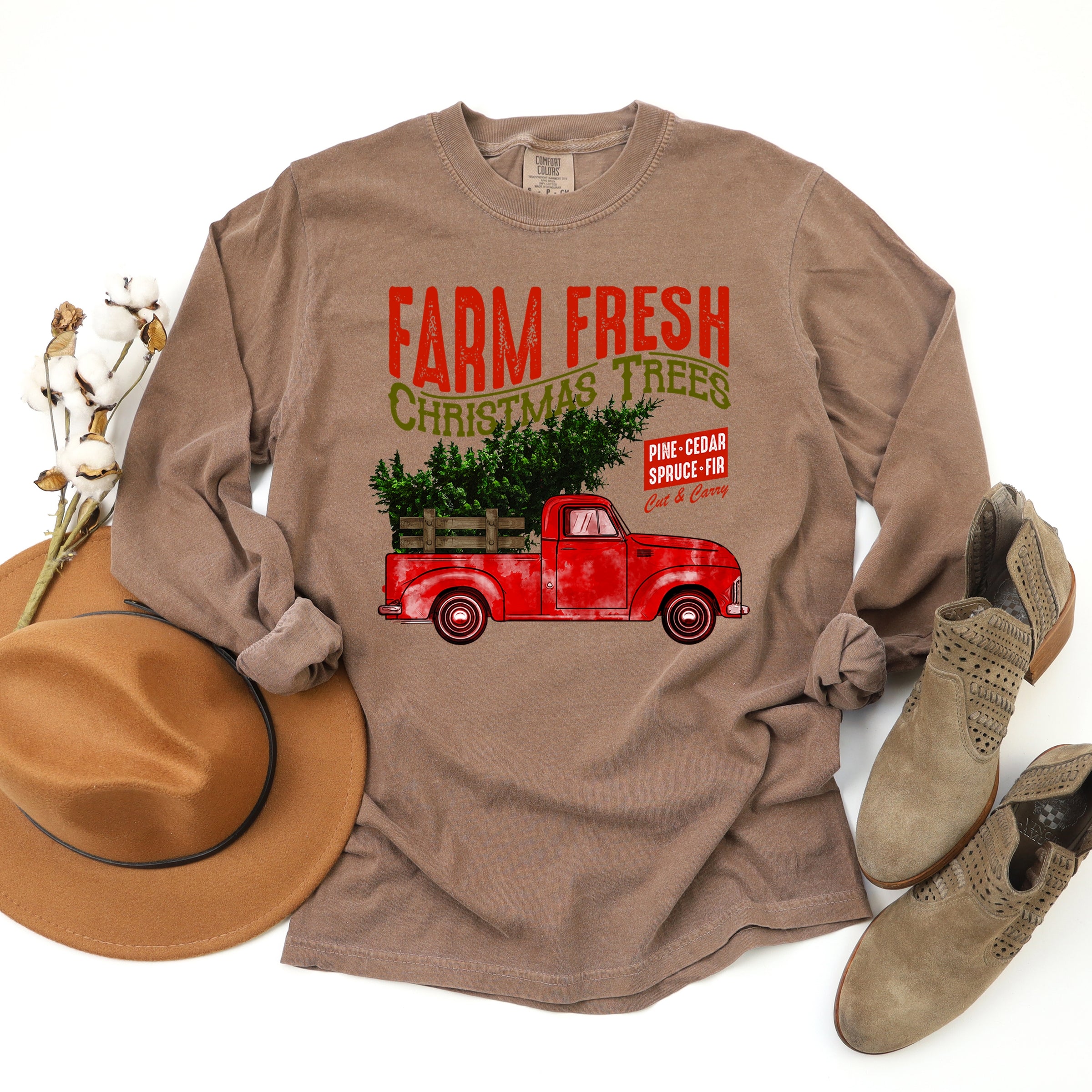 Farm Fresh Christmas Trees Truck - Womens Garment Dyed Long Sleeve