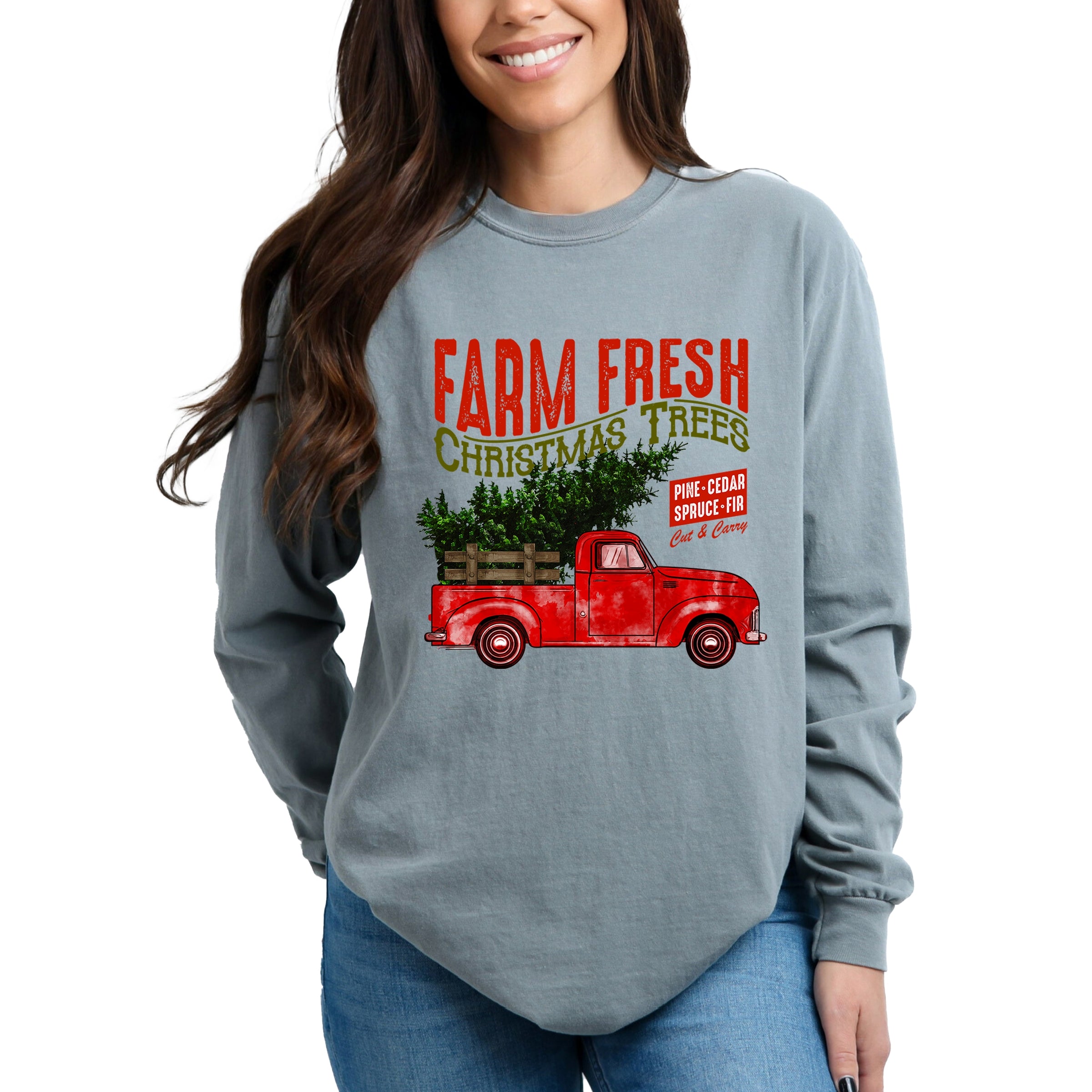 Farm Fresh Christmas Trees Truck - Womens Garment Dyed Long Sleeve