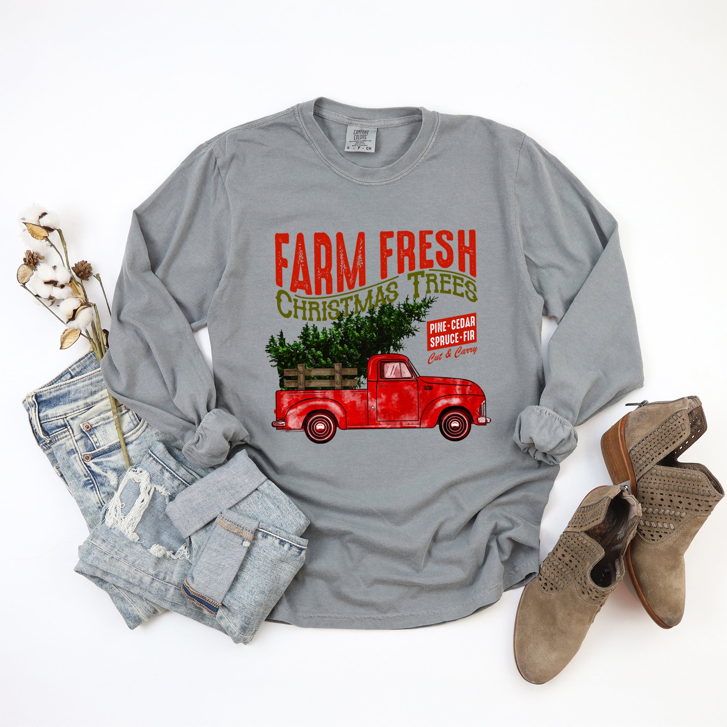 Farm Fresh Christmas Trees Truck - Womens Garment Dyed Long Sleeve