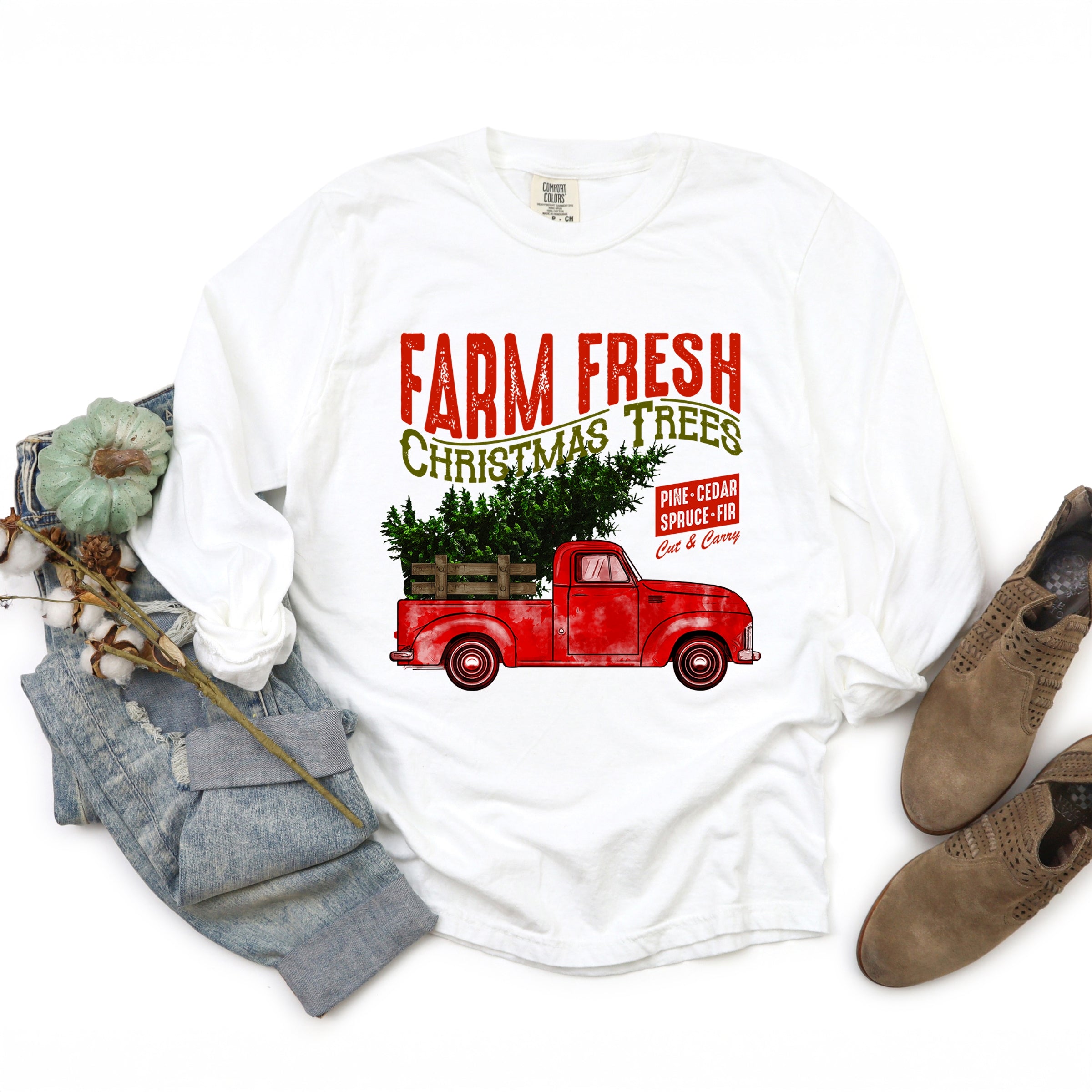Farm Fresh Christmas Trees Truck - Womens Garment Dyed Long Sleeve