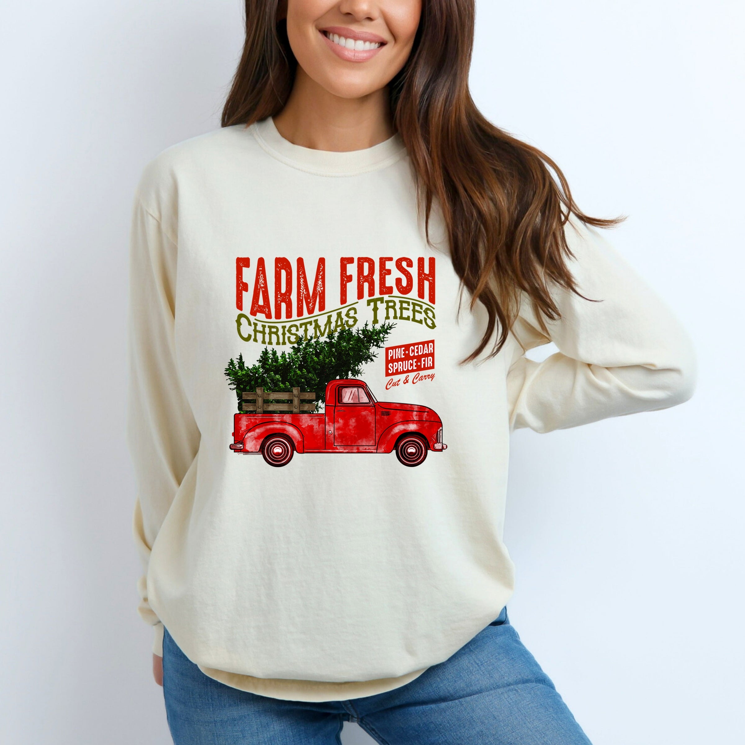 Farm Fresh Christmas Trees Truck - Womens Garment Dyed Long Sleeve