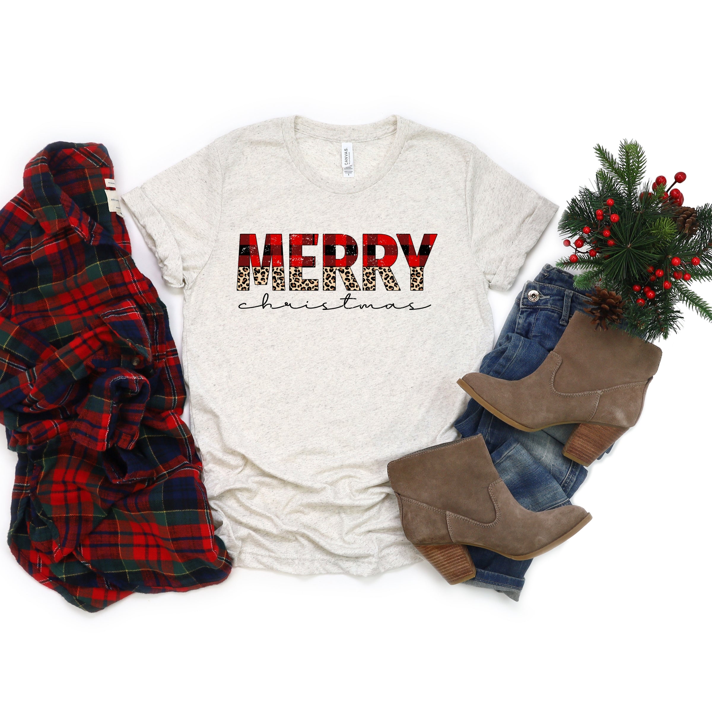 Buffalo Plaid Merry Christmas - Women's Short Sleeve Graphic T-Shirt