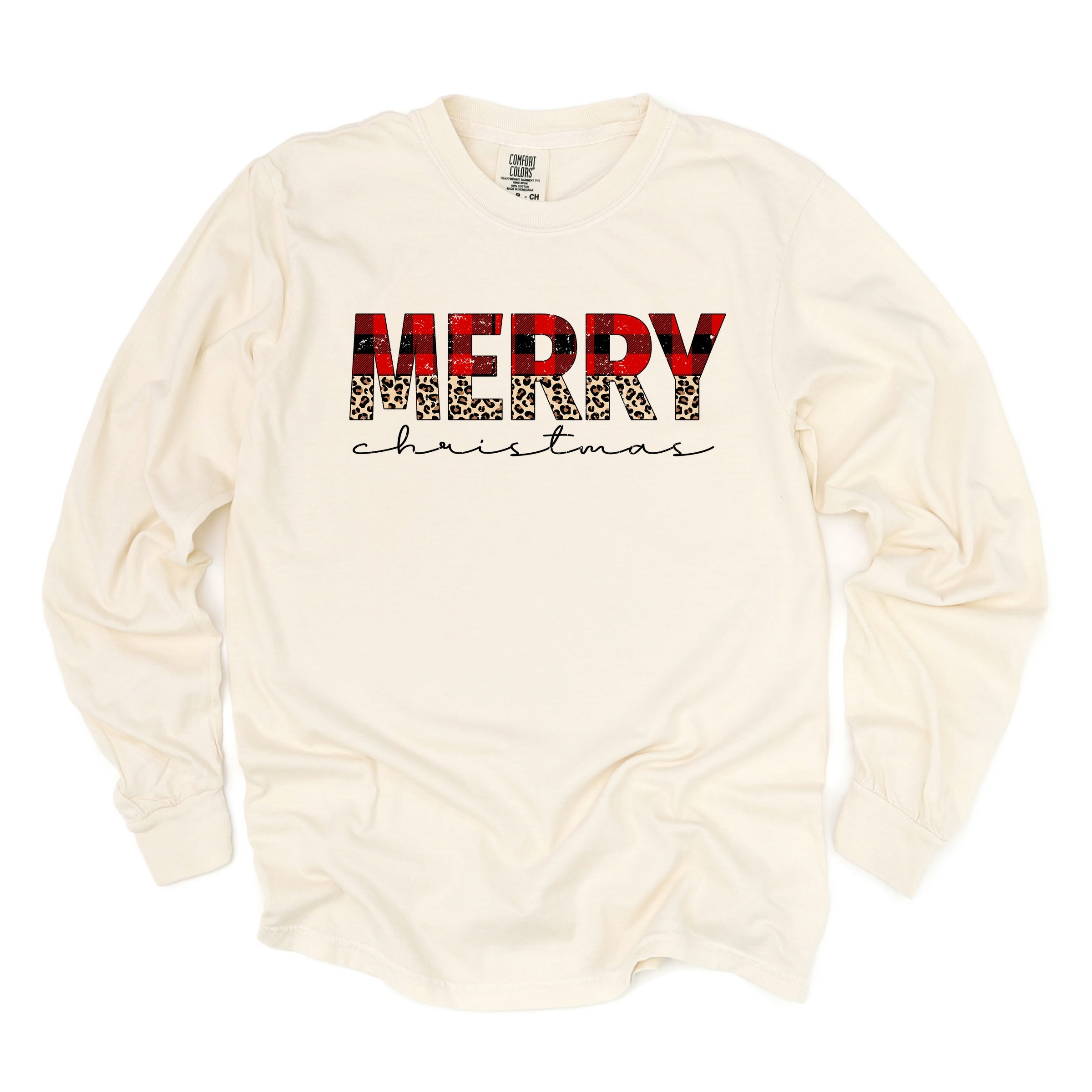 Buffalo Plaid Merry Christmas - Women's Garment Dyed Long Sleeve Graphic T-Shirt