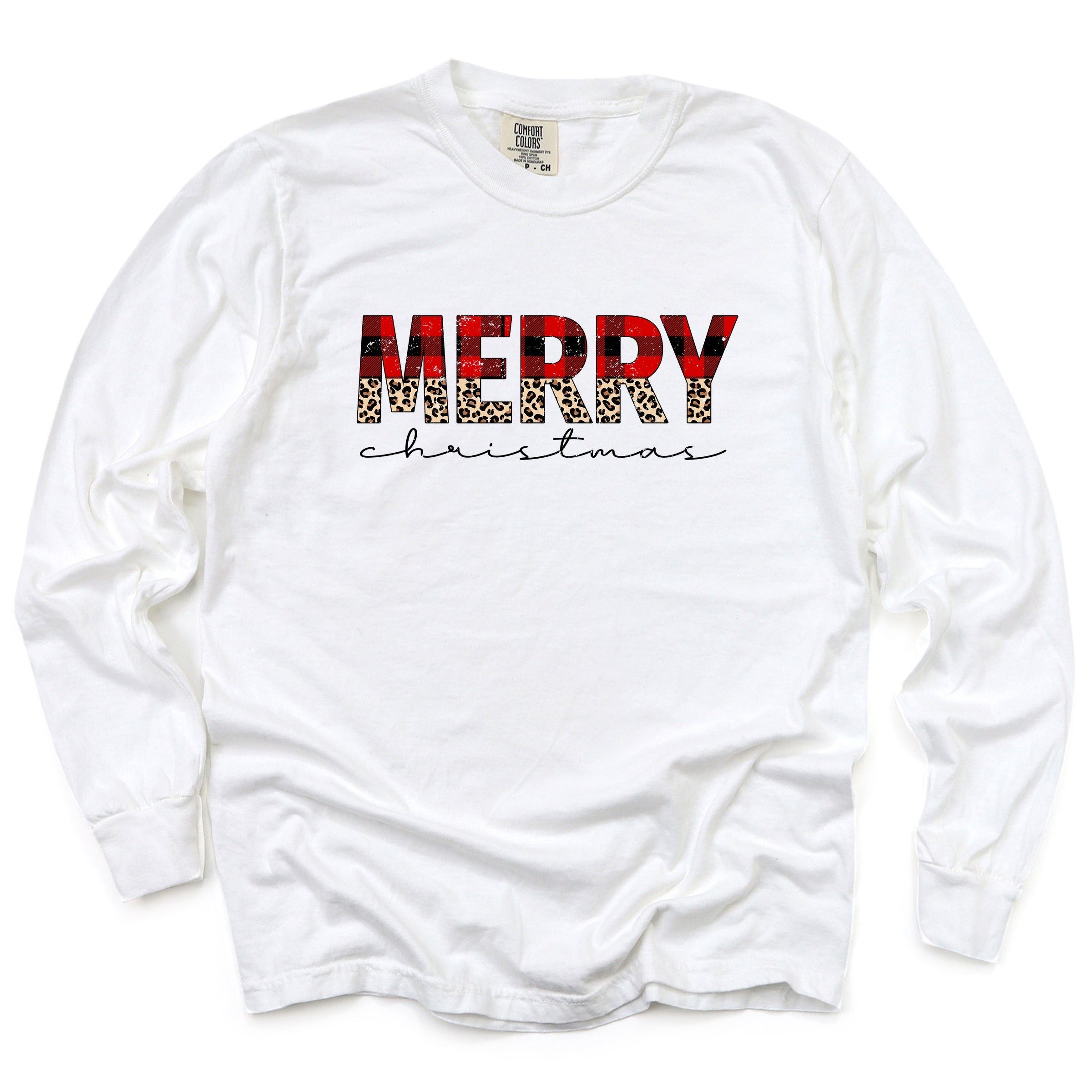 Buffalo Plaid Merry Christmas - Women's Garment Dyed Long Sleeve Graphic T-Shirt