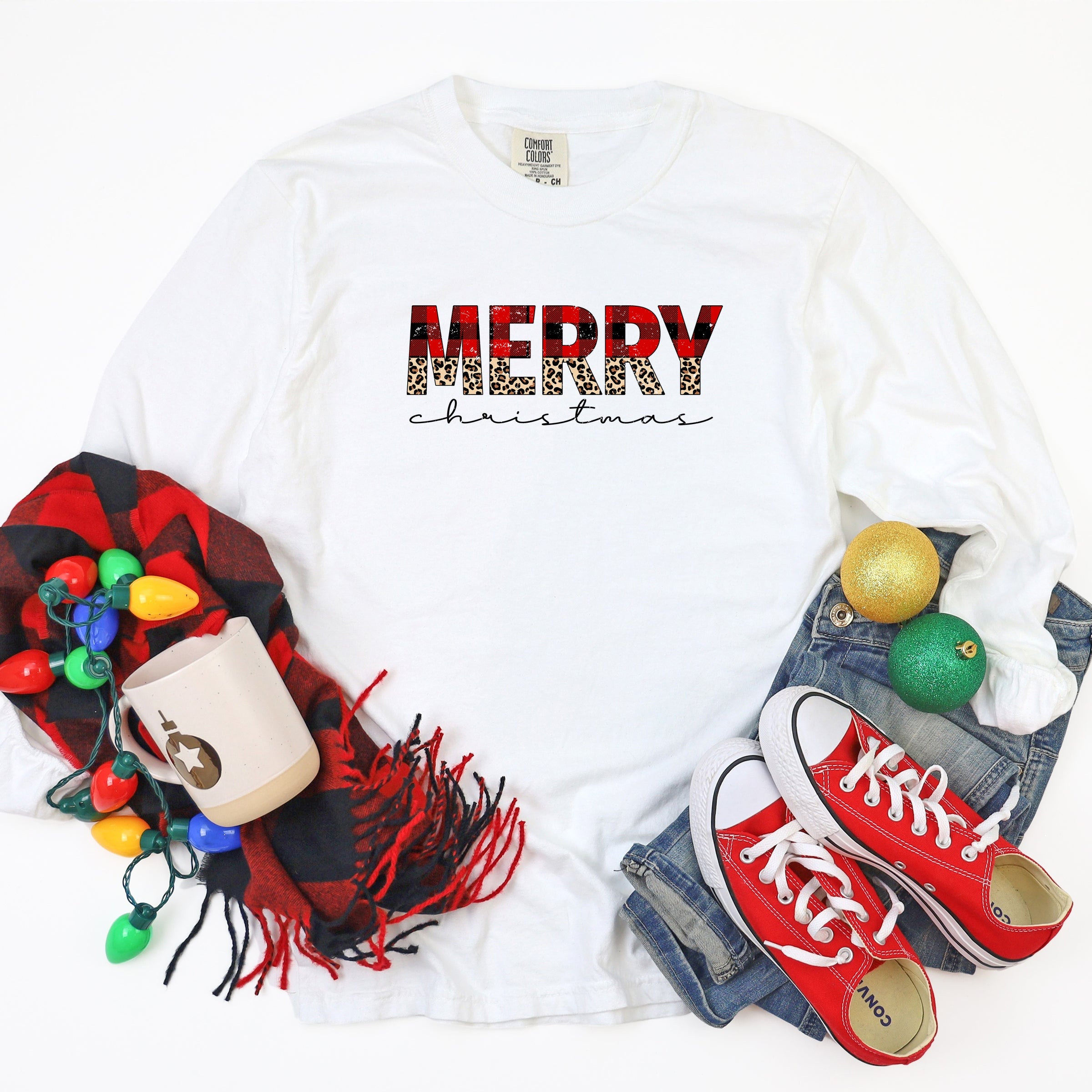 Buffalo Plaid Merry Christmas - Women's Garment Dyed Long Sleeve Graphic T-Shirt