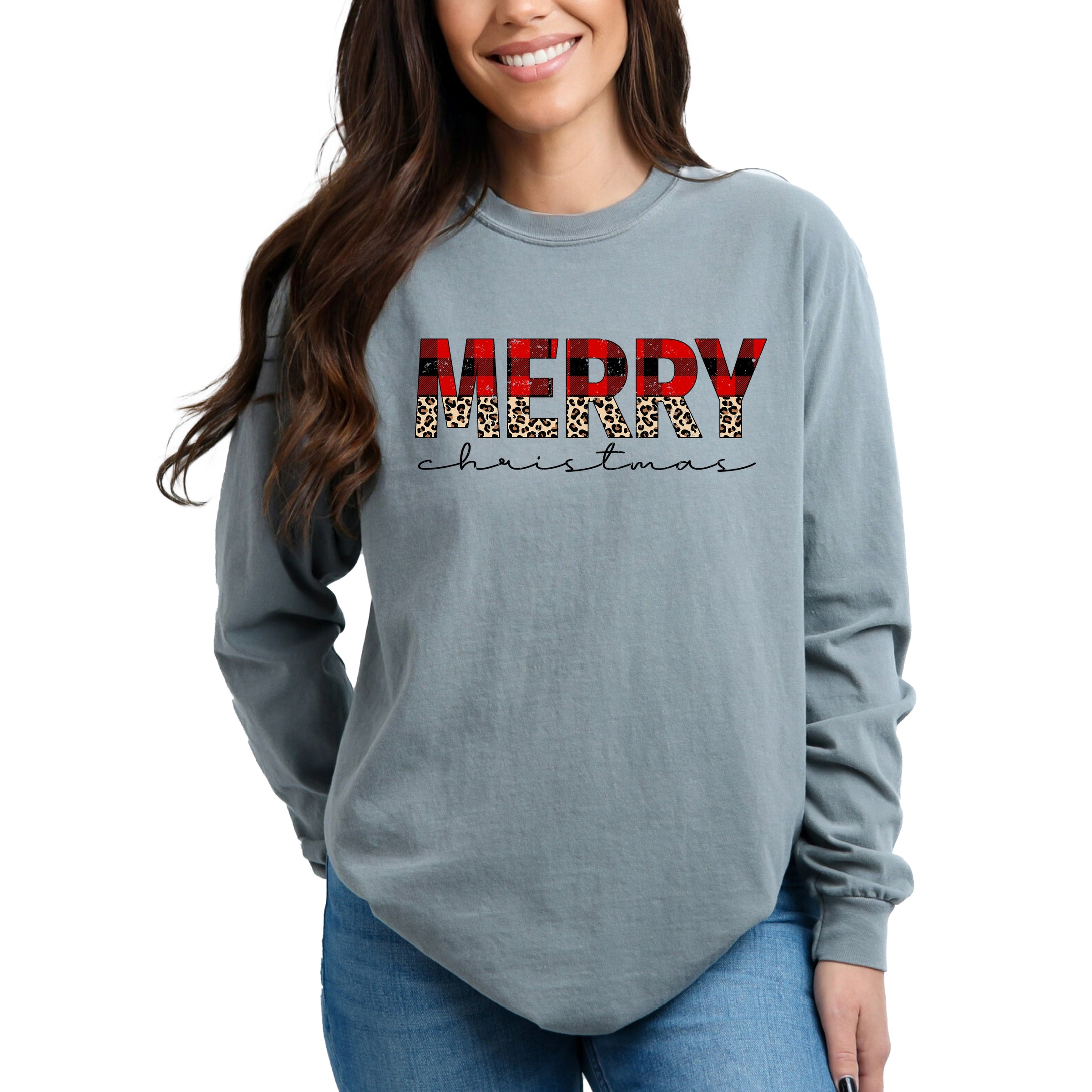 Buffalo Plaid Merry Christmas - Women's Garment Dyed Long Sleeve Graphic T-Shirt