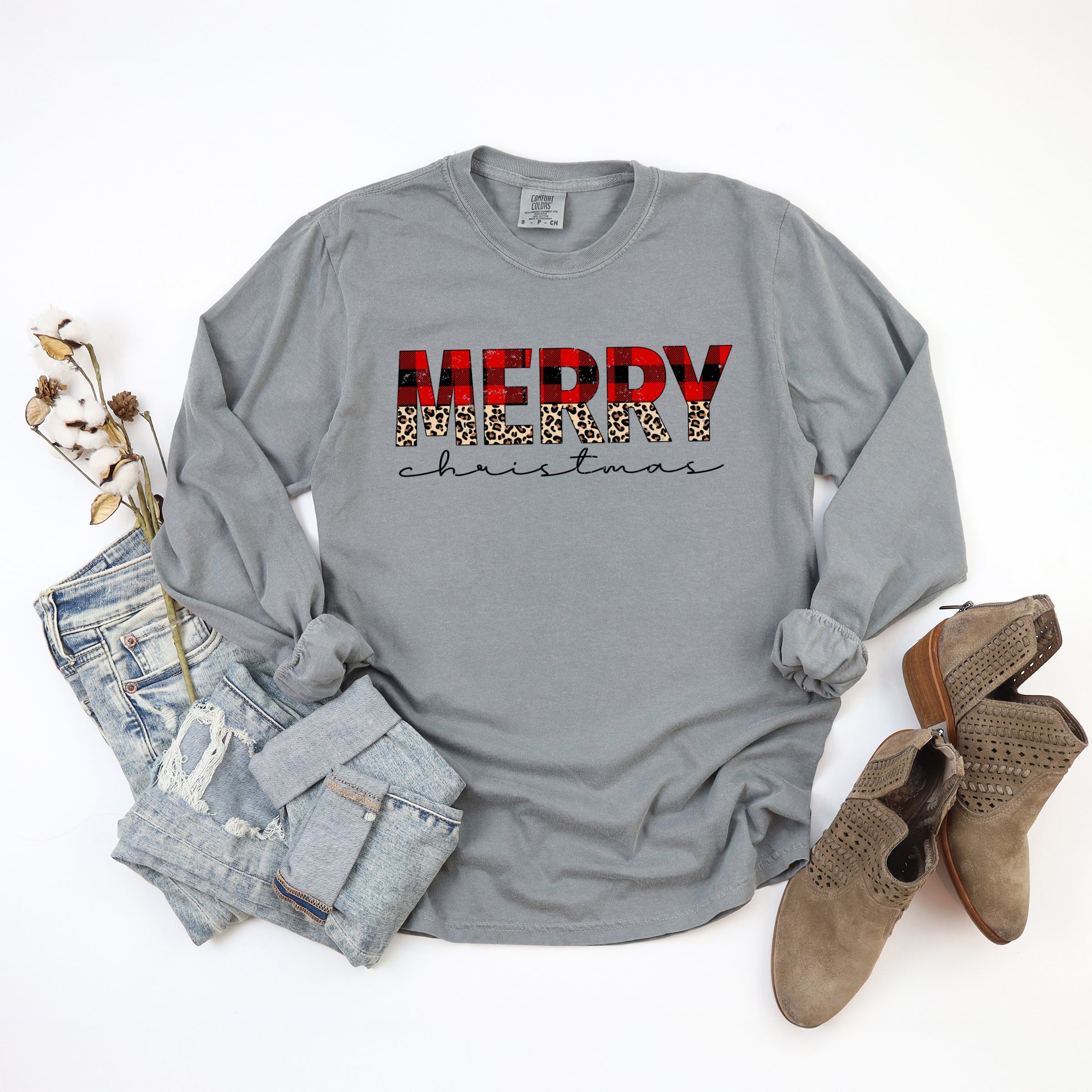 Buffalo Plaid Merry Christmas - Women's Garment Dyed Long Sleeve Graphic T-Shirt