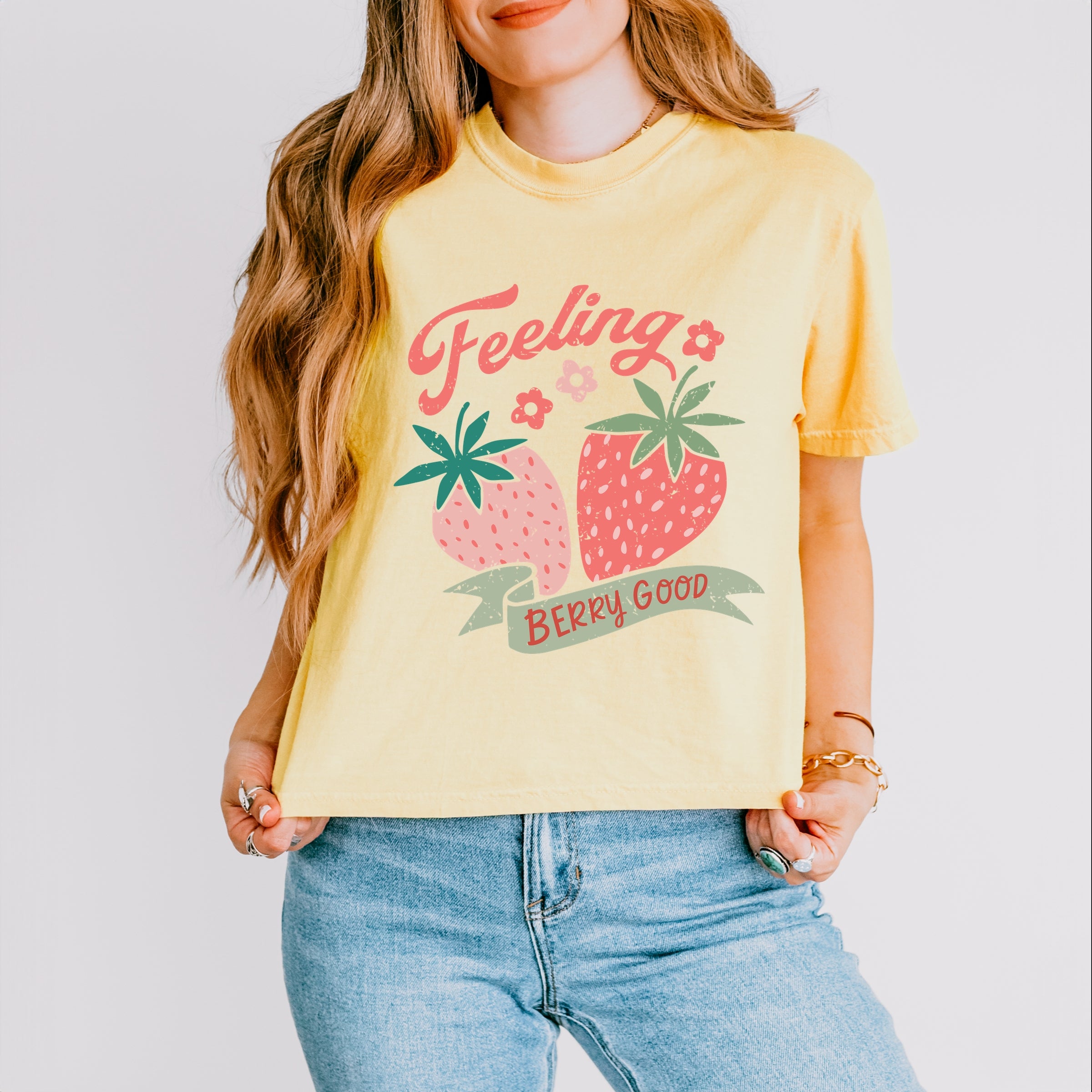 Feeling Berry Good Strawberries - Women's Boxy Crop Top Graphic T-Shirt
