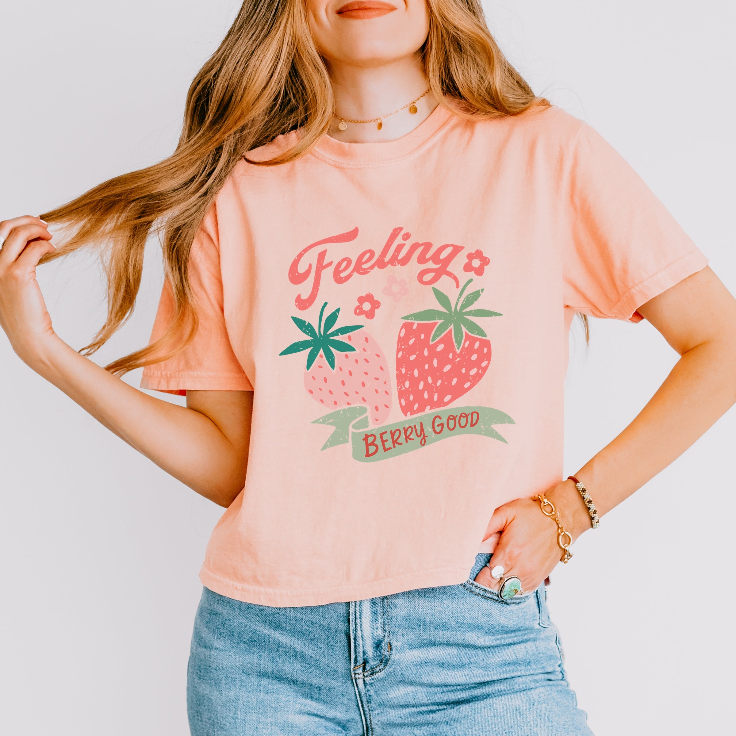 Feeling Berry Good Strawberries - Women's Boxy Crop Top Graphic T-Shirt