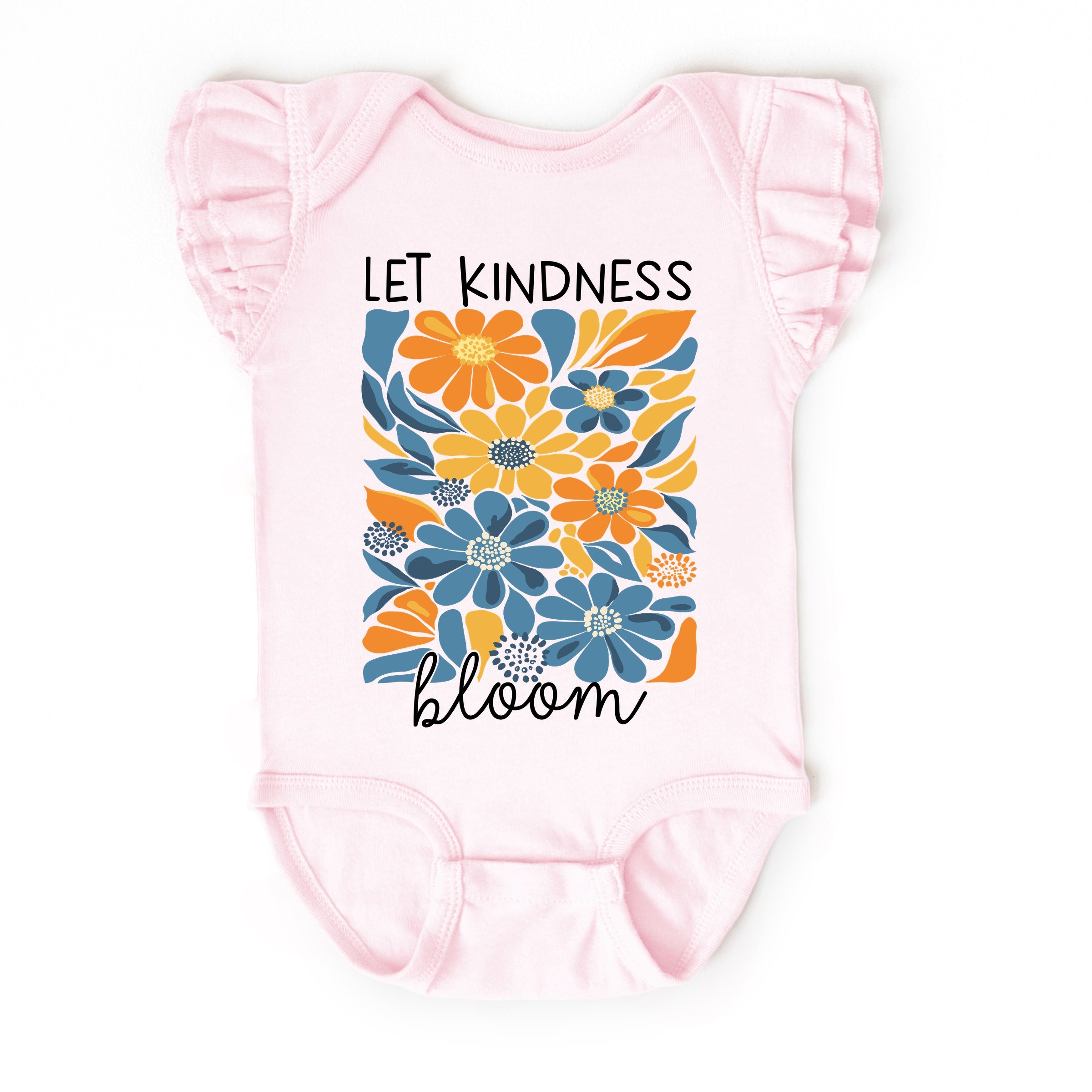 Let Kindness Bloom Blue and Orange Flowers - Baby Flutter Sleeve Bodysuit