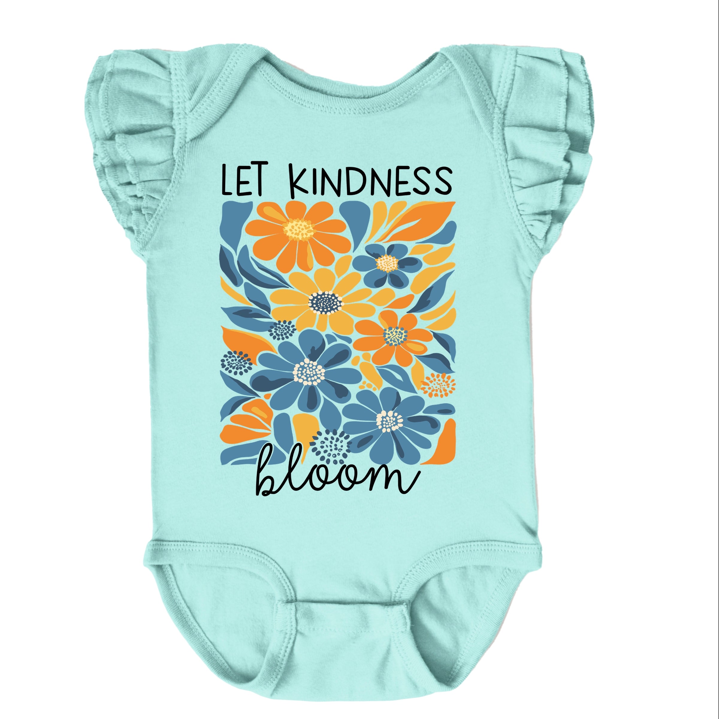Let Kindness Bloom Blue and Orange Flowers - Baby Flutter Sleeve Bodysuit