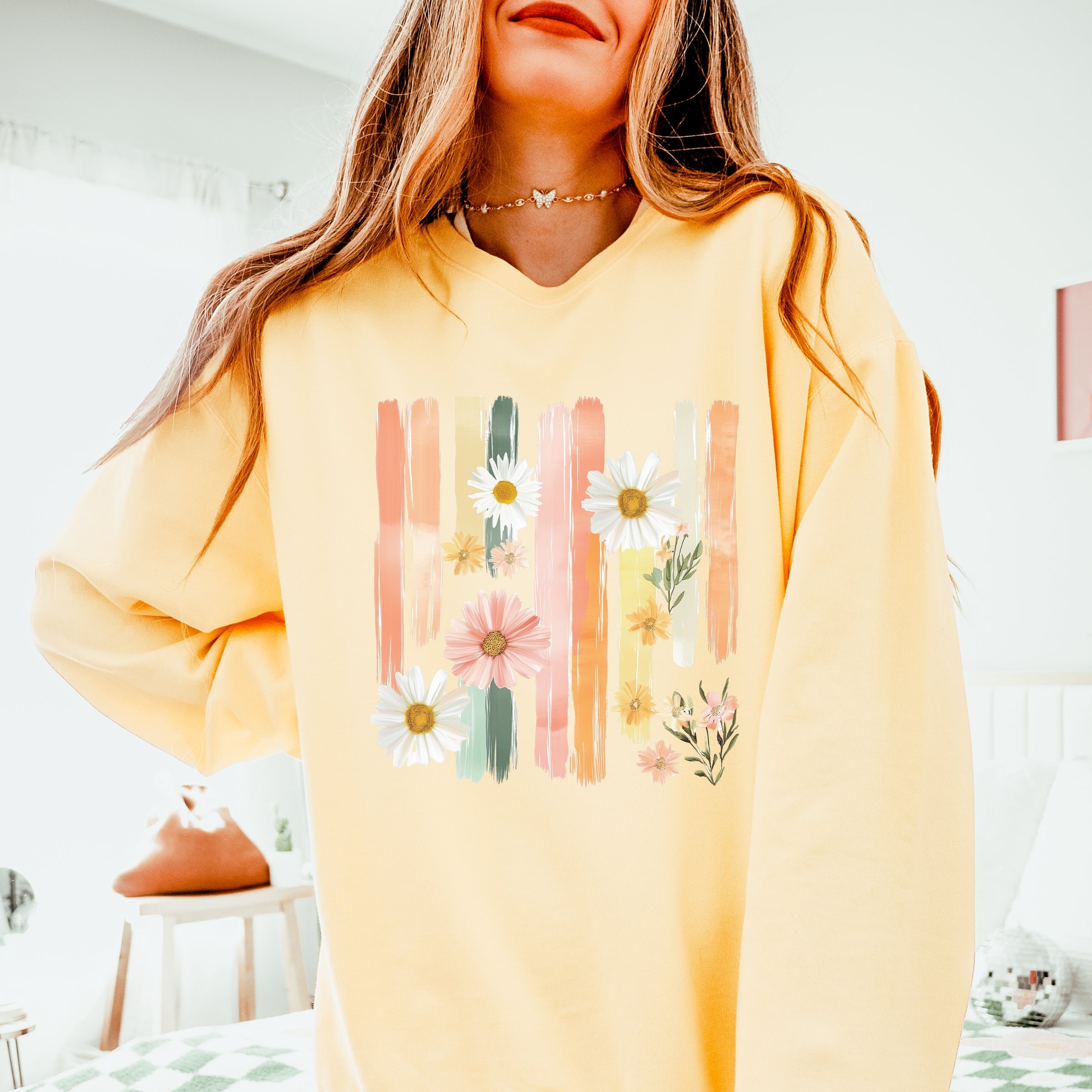 Daisies Stripes Faux Paint - Women's Lightweight Garment Dyed Sweatshirt